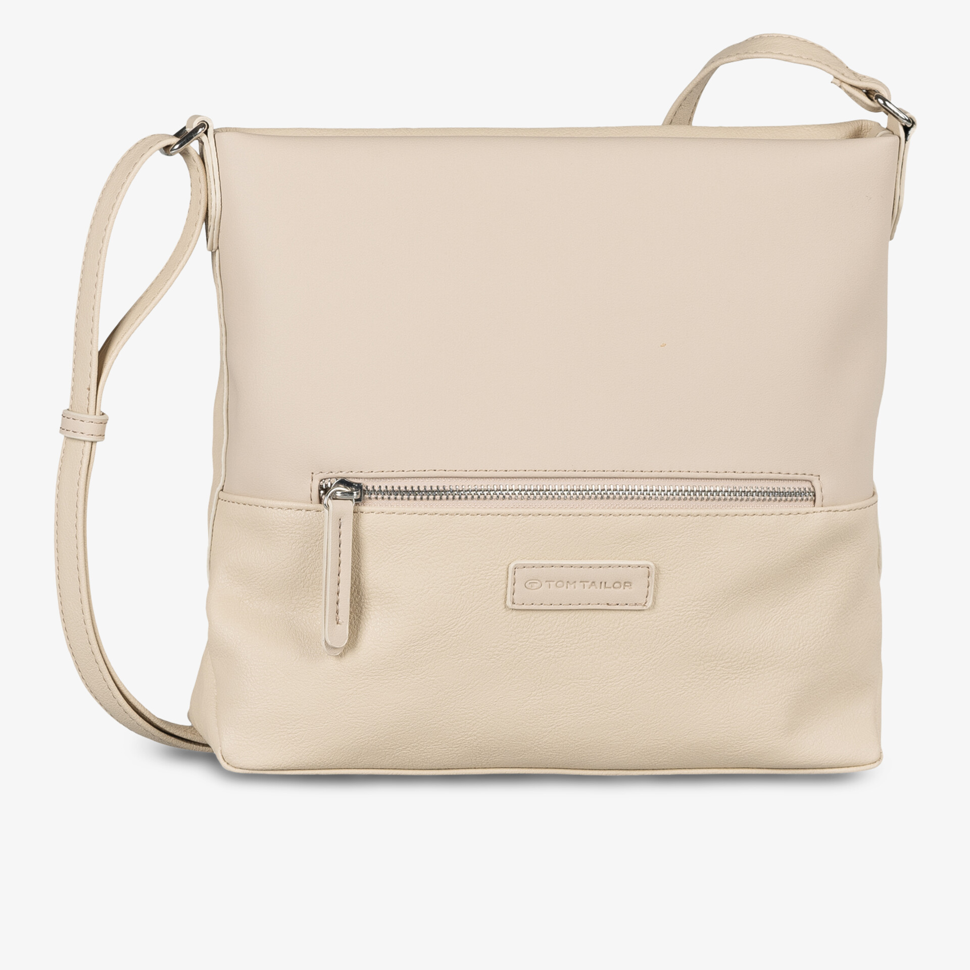 Beige Umhängetasche mit reißverschlossener Außentasche, weichem Material und verstellbarem Trageriemen