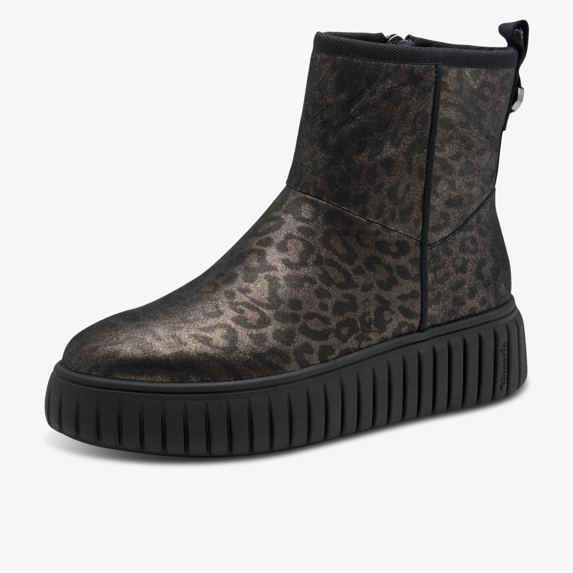 Modischer, leichter Stiefel mit Leopard-Print und robuster, profilierter schwarzer Sohle für hohen Tragekomfort