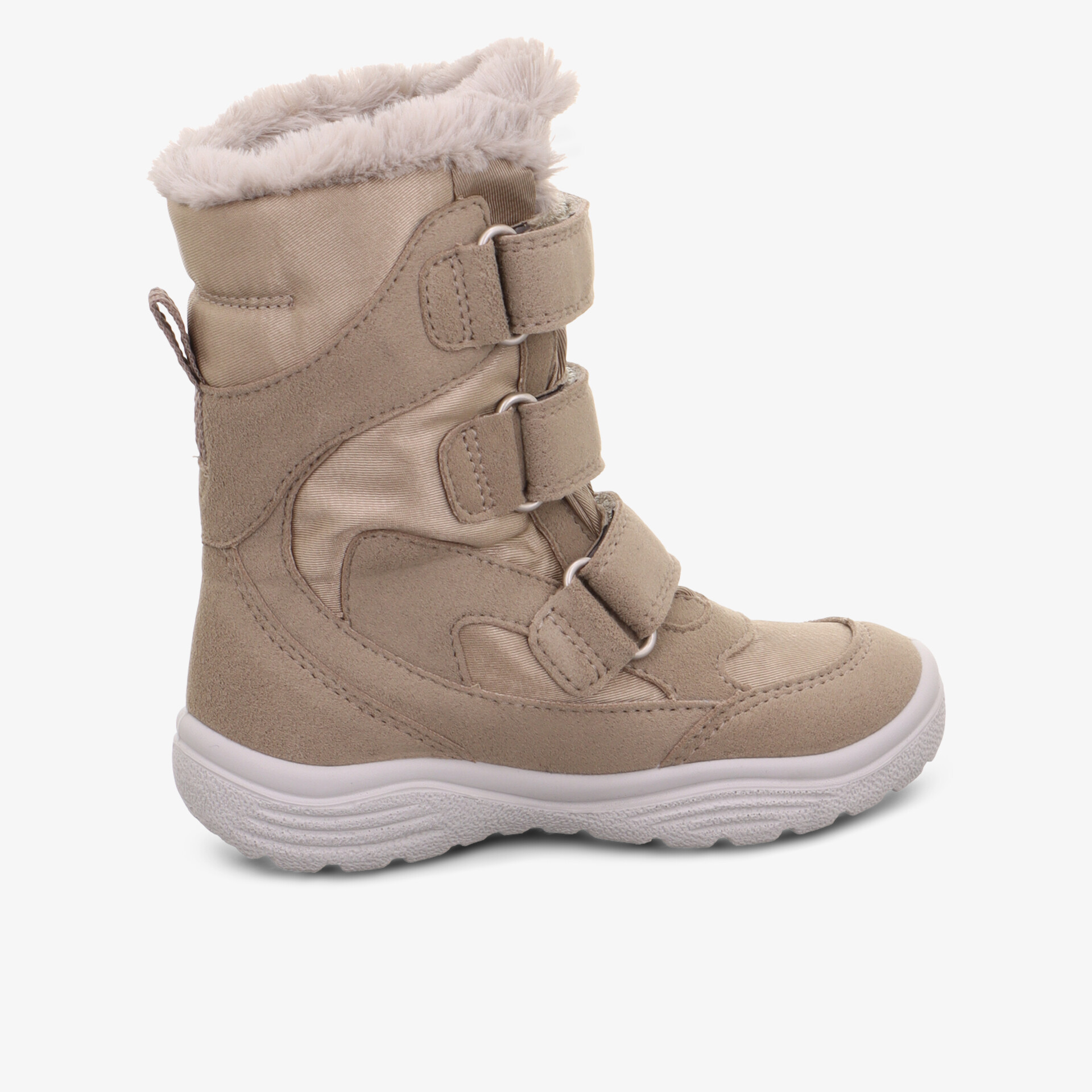 Warmer Winterstiefel mit weichem Futter und praktischen Klettverschlüssen, seitliche Ansicht, rutschfeste Sohle