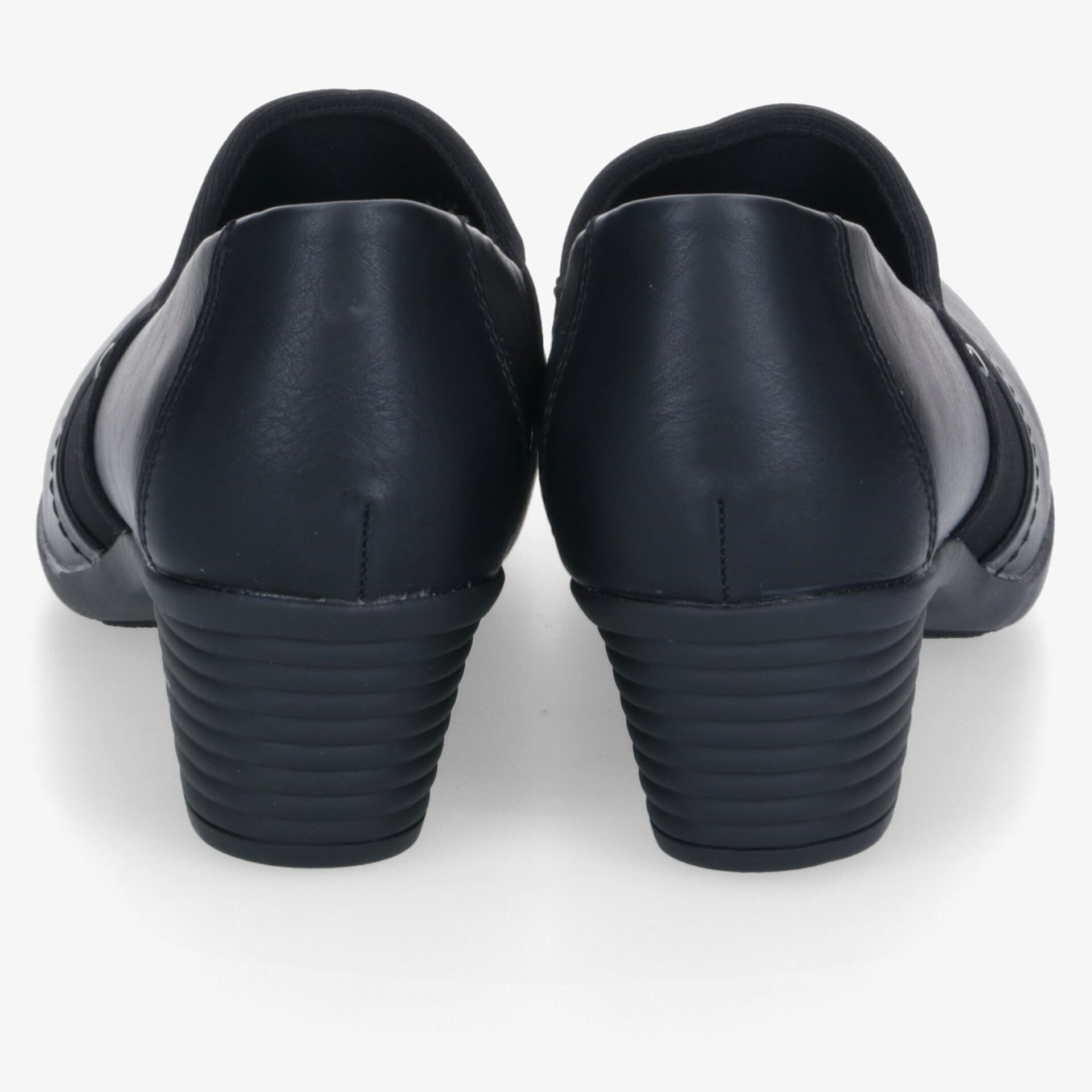 Schwarze Pumps mit stabilem Absatz und glatter Oberfläche, komfortables und elegantes Design, Rückansicht