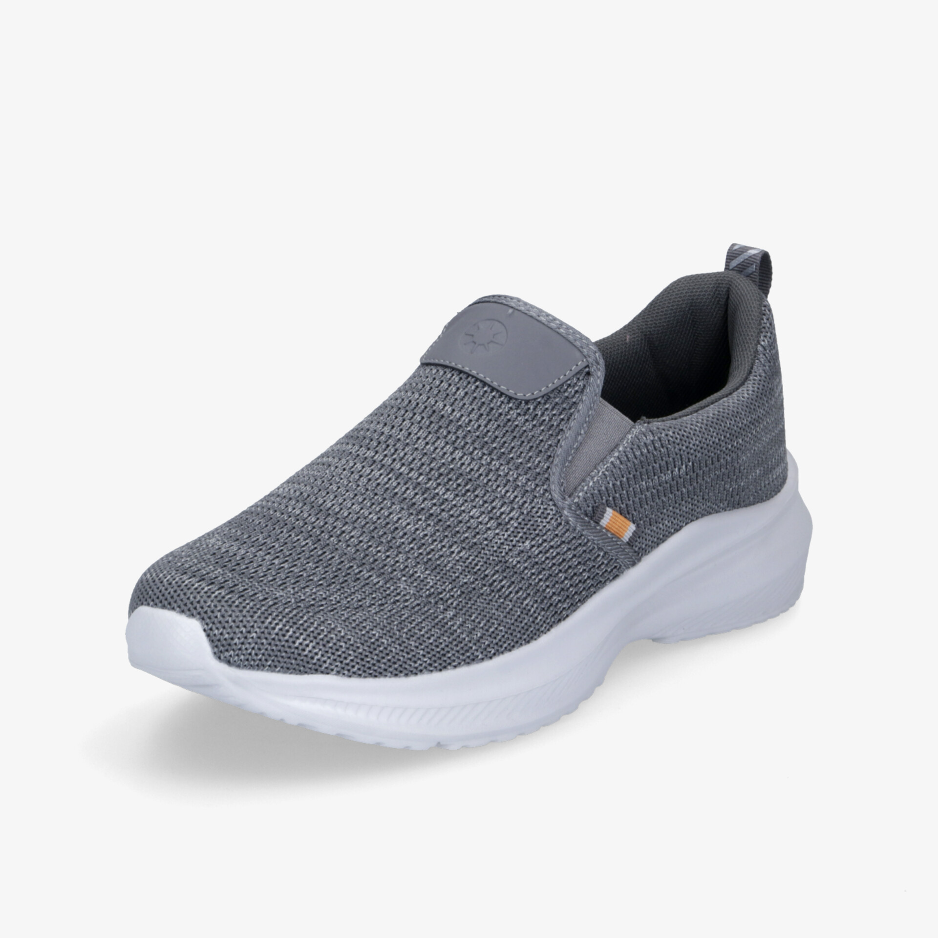 Bequemer moderner grauer Sportschuh mit atmungsaktivem, flexiblem Material und rutschfester weißer Sohle