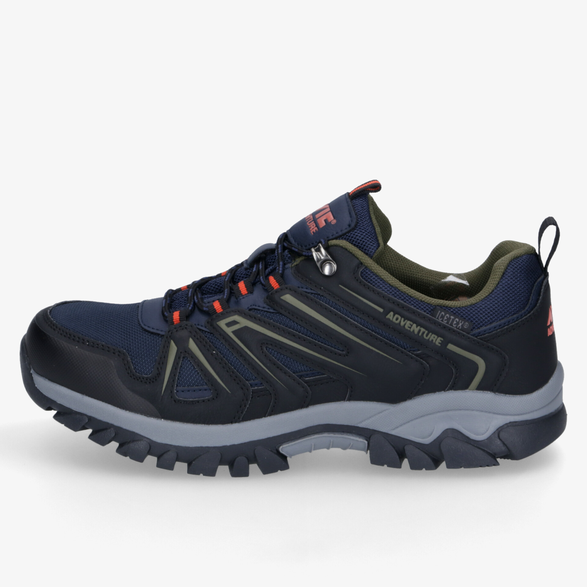 Robuster Wanderschuh seitlich in blau mit grauer Sohle und flexibler, rutschfester Profilsohle