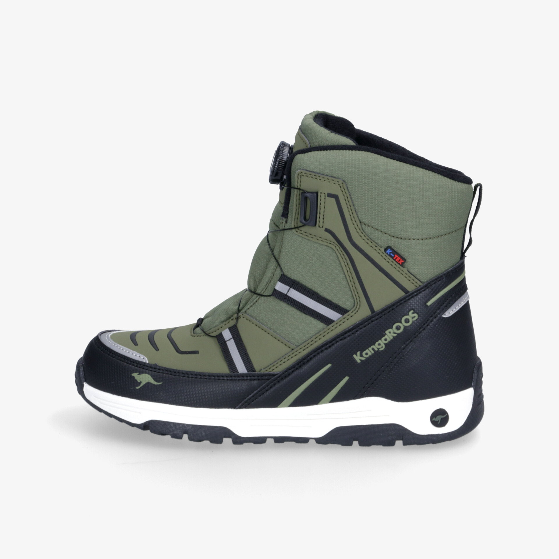 Grüner Schneestiefel mit rutschfester Sohle, wasserdicht und komfortabel für extreme Winterbedingungen.