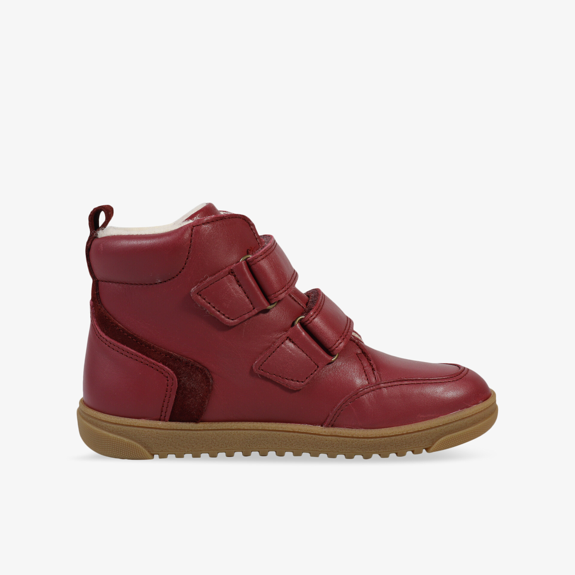 Roter Boot mit Klettverschluss, ideal für aktive Tage. Griffige Gummisohle für besten Halt.