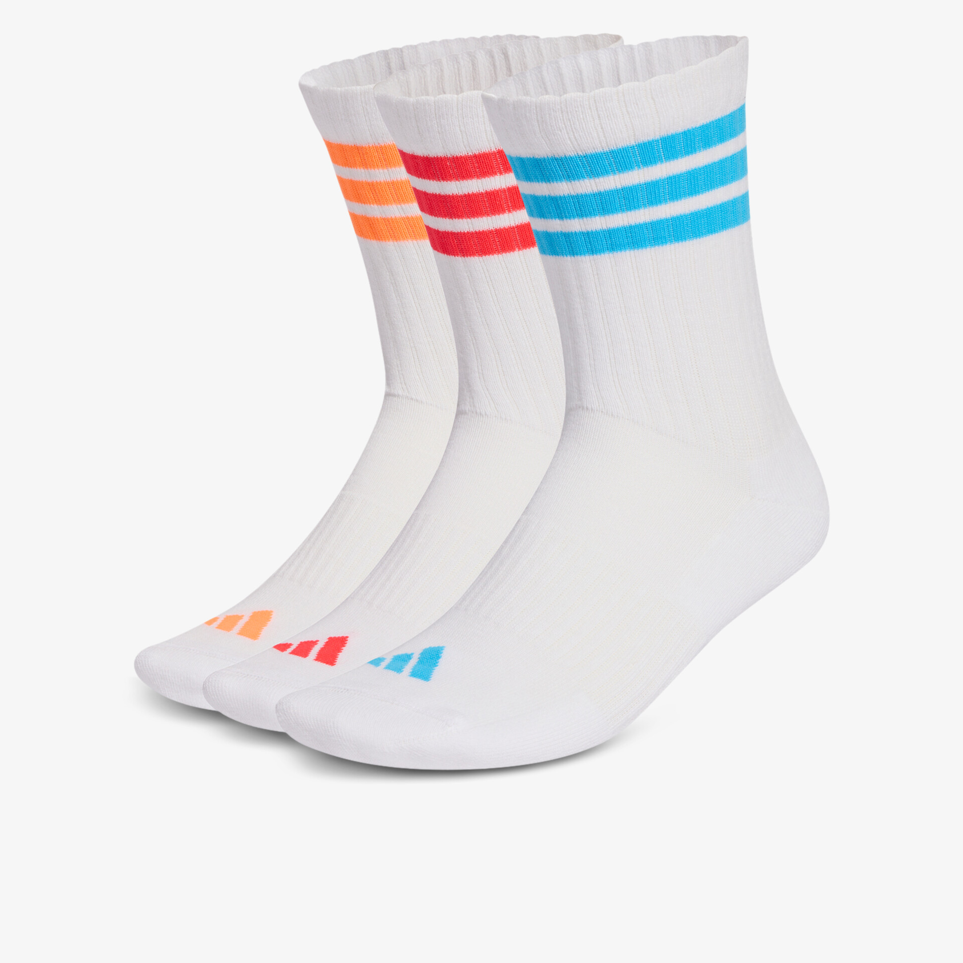 Dreierpack weiße Sportsocken mit farbigen Streifen und elastischem Bund, komfortabel und atmungsaktiv