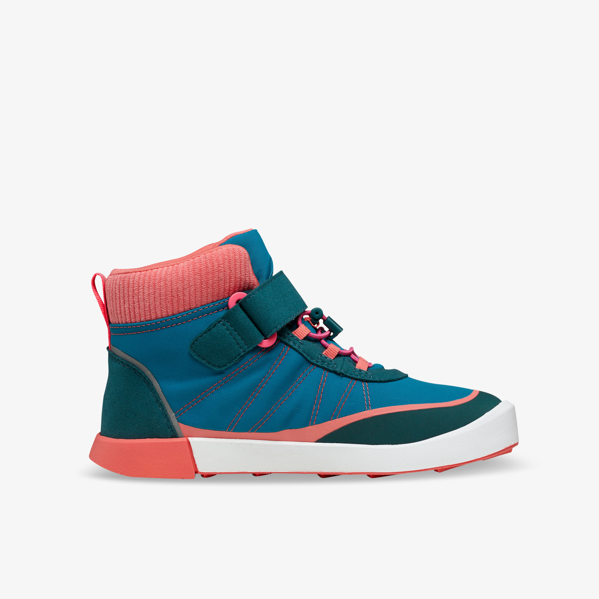 Moderner High-Top-Schuh in Blau und Rot mit Klettverschluss und rutschfester Sohle. Perfekt für sportliche Aktivitäten.