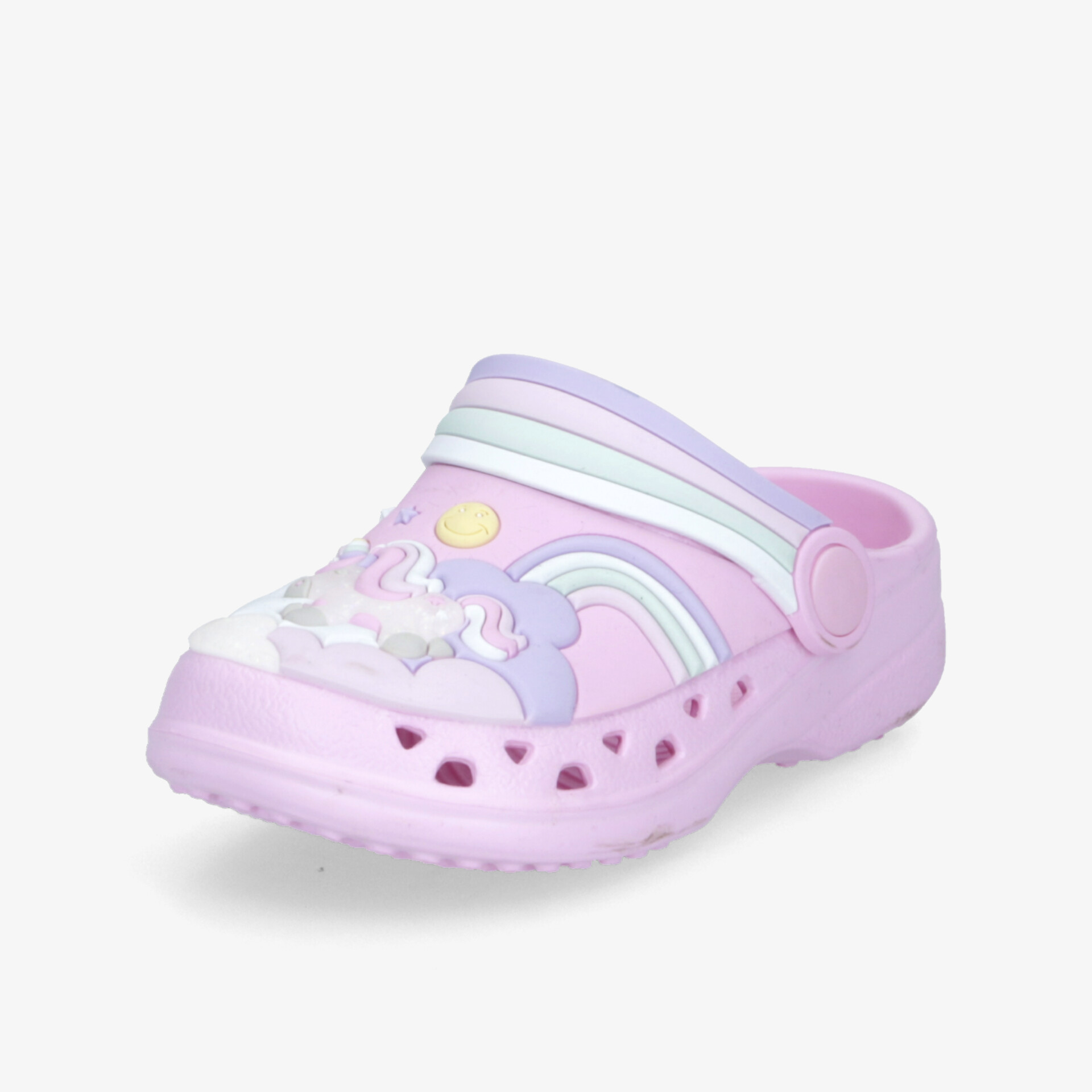 Leichter rosa Schuh mit buntem Regenbogenmuster und Belüftungslöchern für angenehmen Komfort