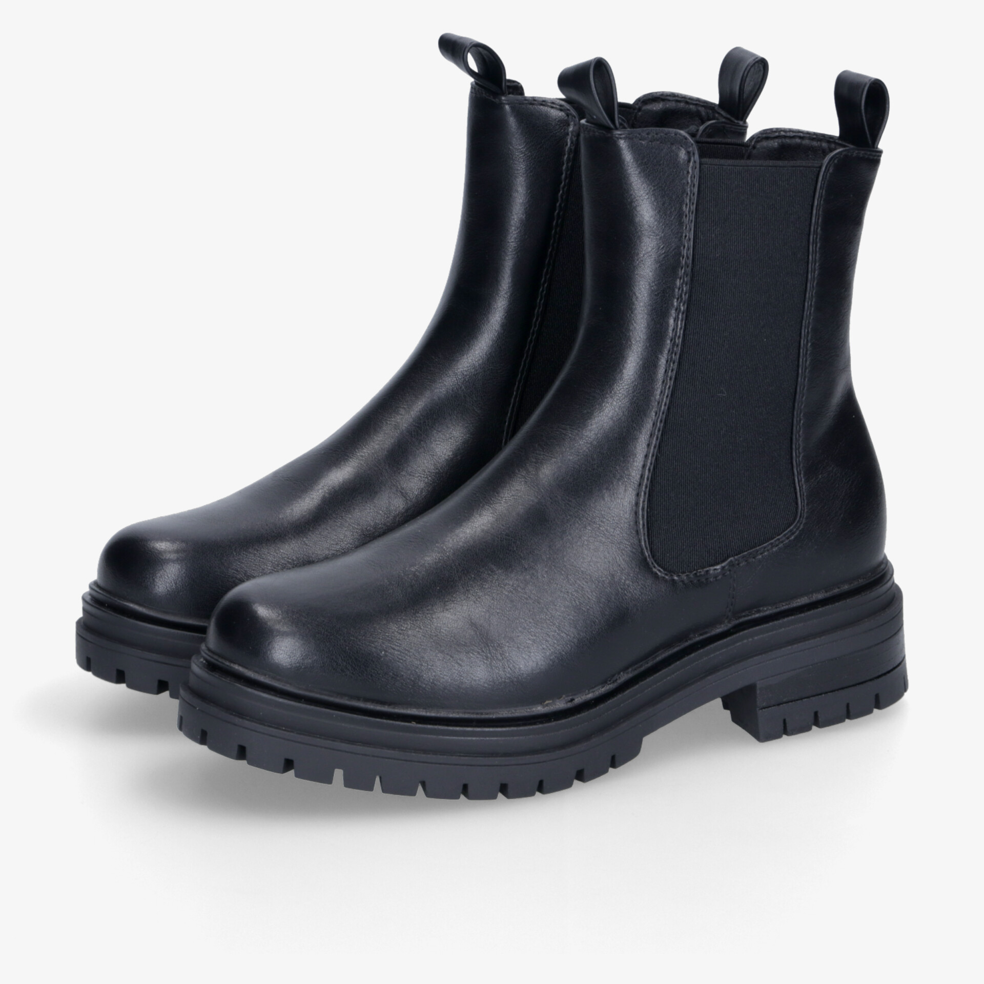 Klassische schwarze Stiefeletten mit robuster Sohle und elastischen Einsätzen für bequemen und stilvollen Auftritt.