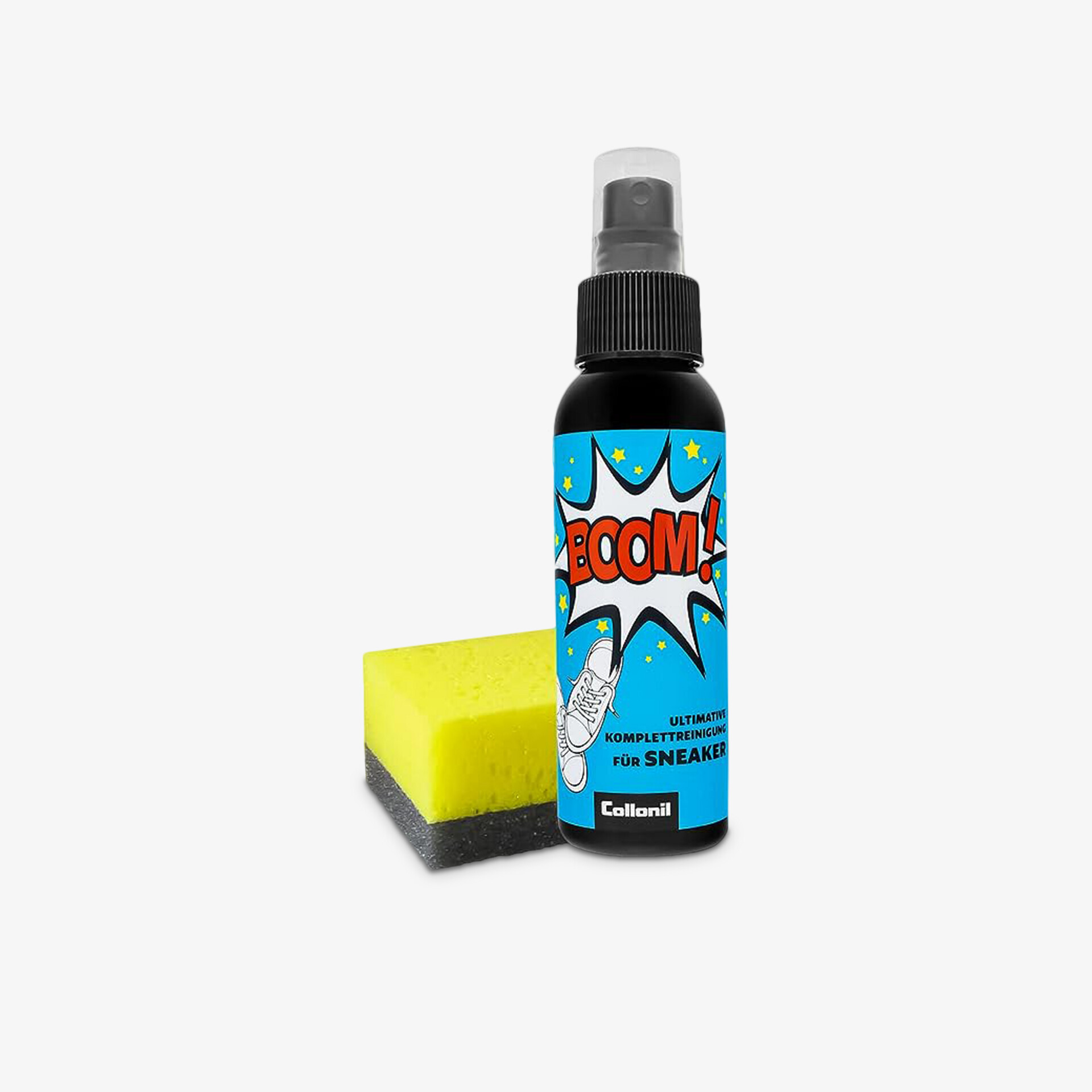 Effektives Reinigungsmittel für Schuhe mit praktischer Sprühflasche und Schwamm, ideal zum Entfernen von Flecken.