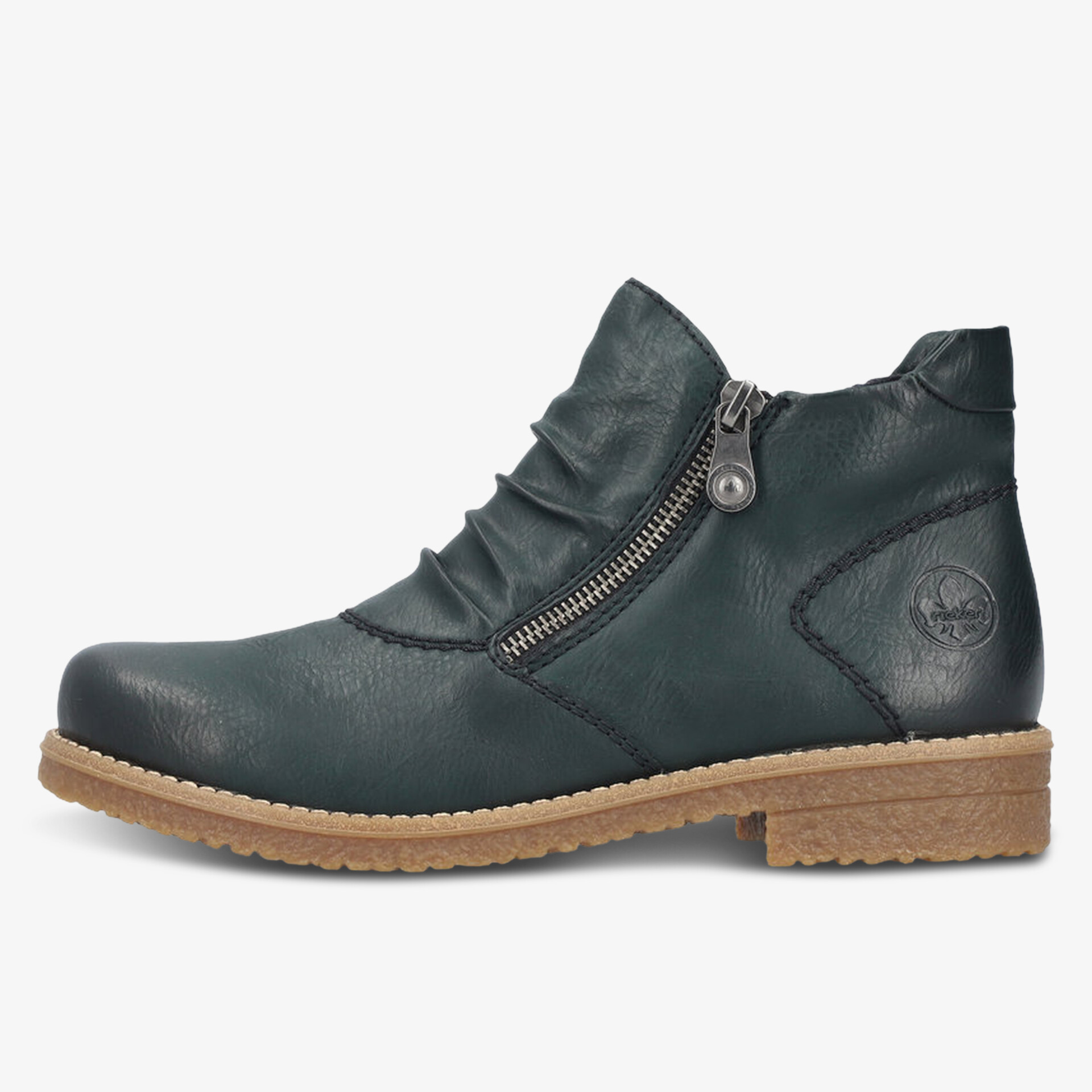 Seitlich sichtbarer leichter Schuh mit Reißverschluss, runder Zehenpartie und robuster Profilsohle
