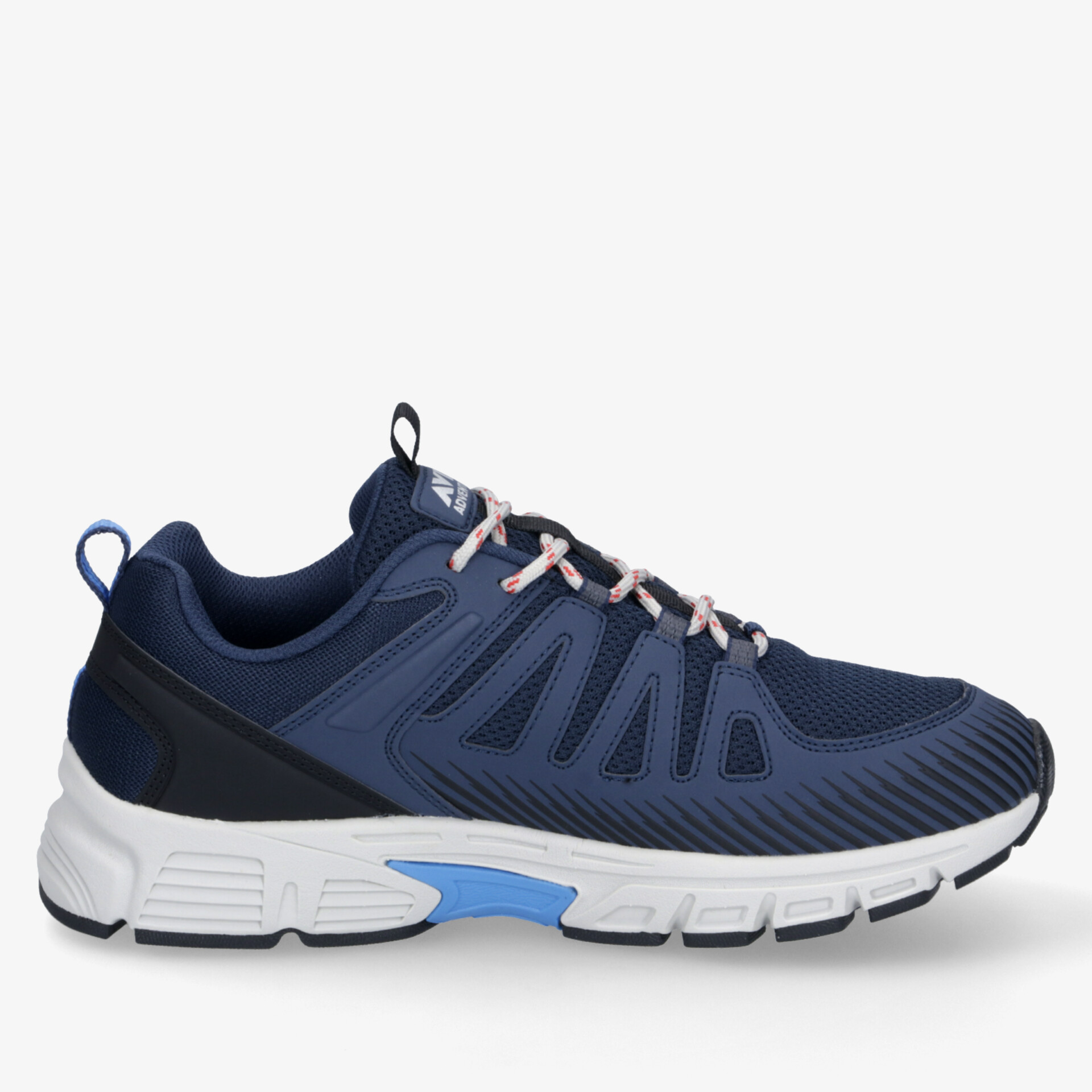 Leichter sportlicher Schuh in Blau mit atmungsaktivem Material und flexibler, stabiler Sohle in seitlicher Ansicht