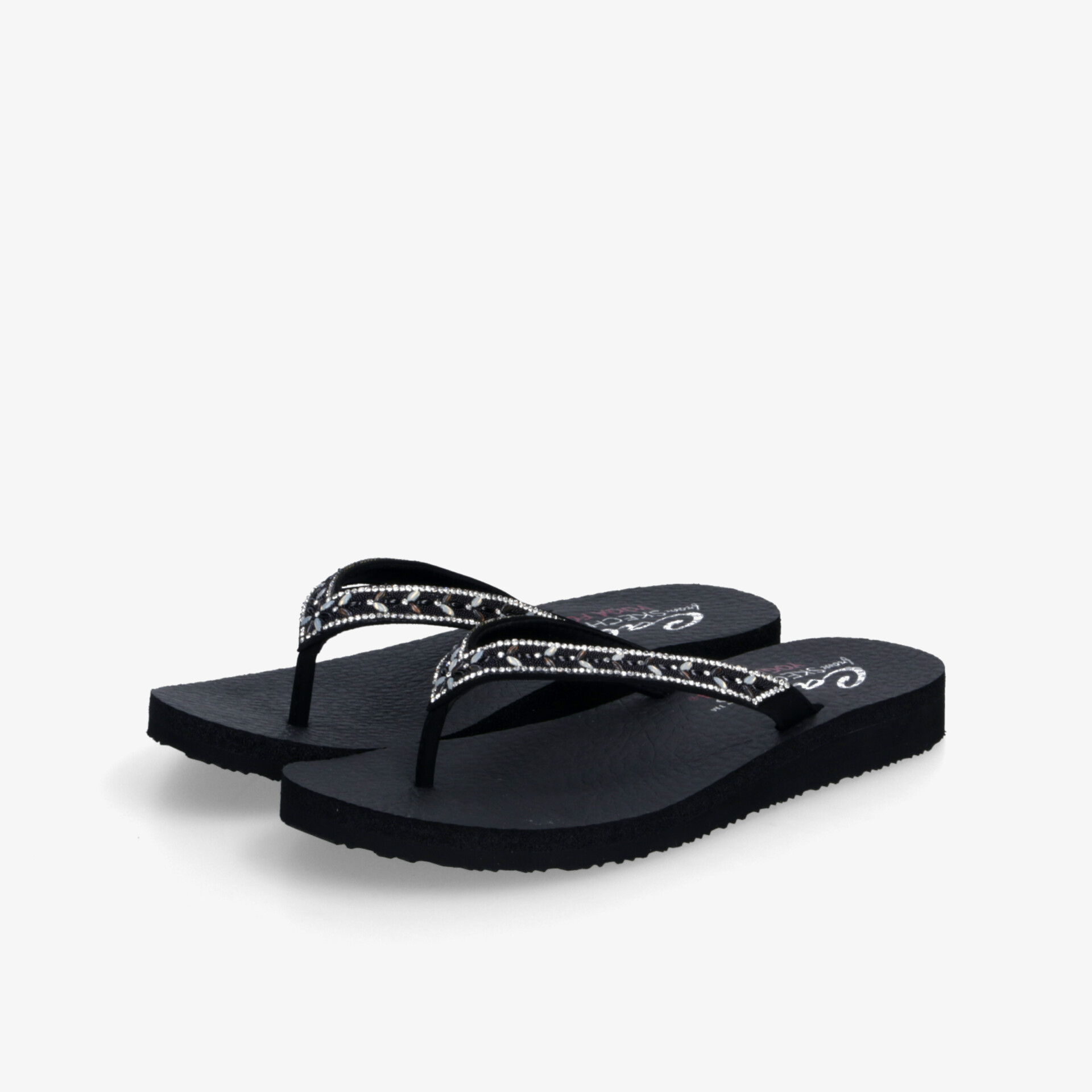 Bequeme schwarze Flip Flops mit dekorativem Muster, rutschfeste Sohle und leichter, flexibler Konstruktion