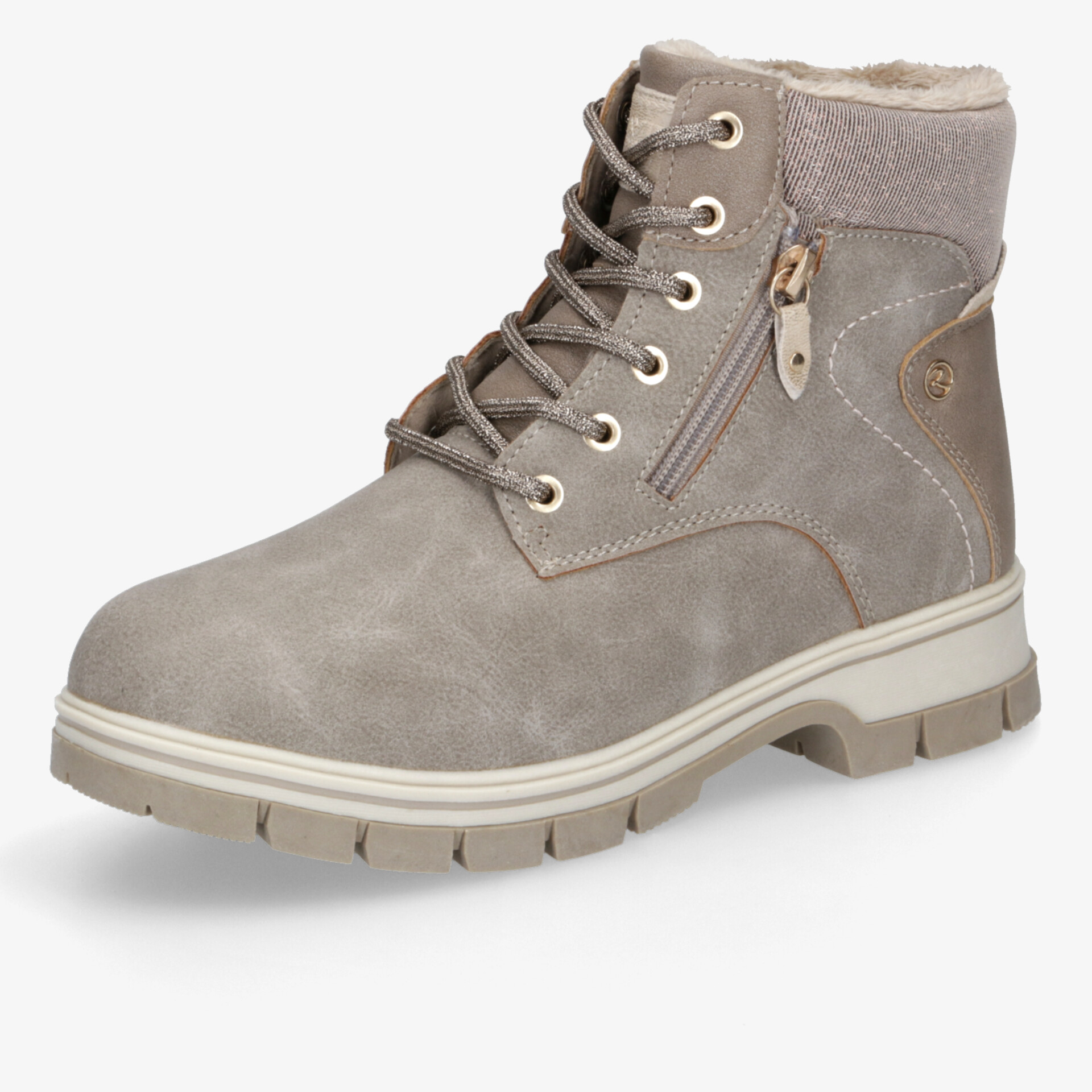 Robuster grauer Outdoor-Stiefel mit warmer Fütterung, Schnürung und praktischem Reißverschluss