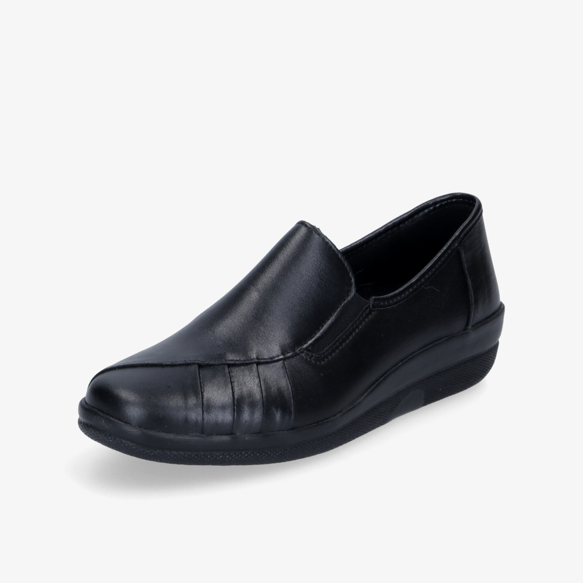 Bequemer schwarzer Lederschuh mit rutschfester Sohle und elegantem Design für vielseitigen Einsatz.