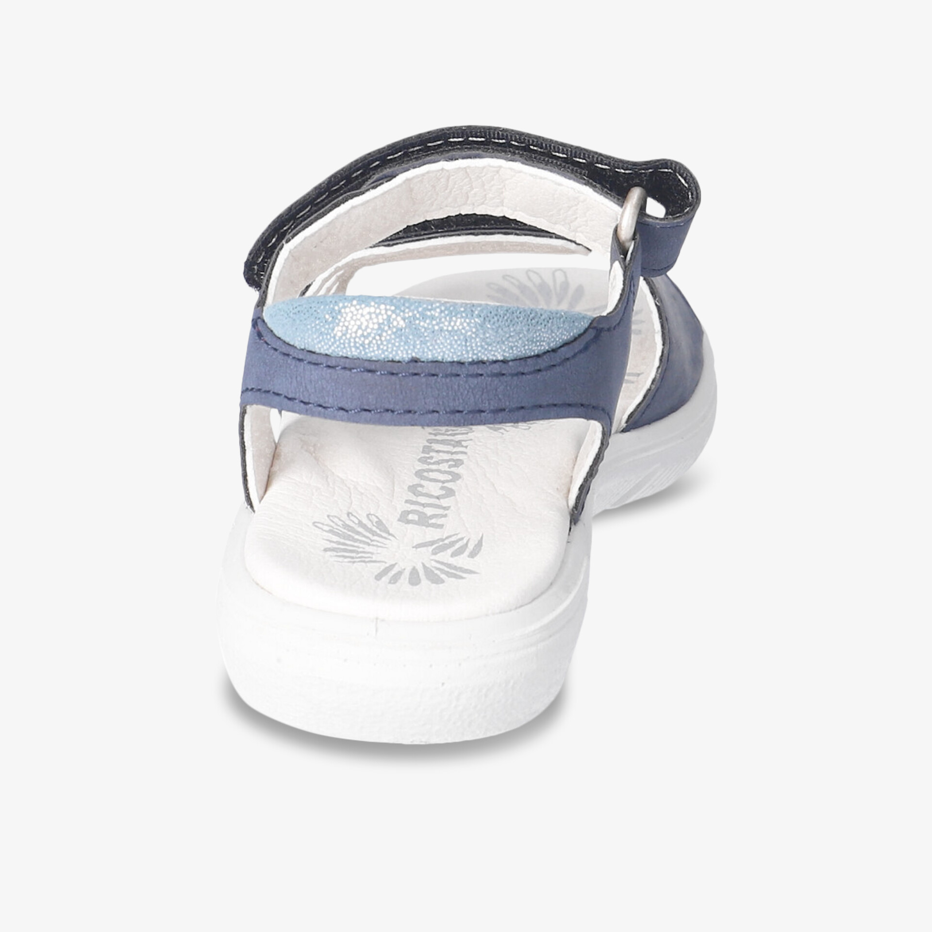 Blaue und weiße Sandalette mit verstellbarem Riemen, ideal für hohen Tragekomfort und Haltbarkeit.