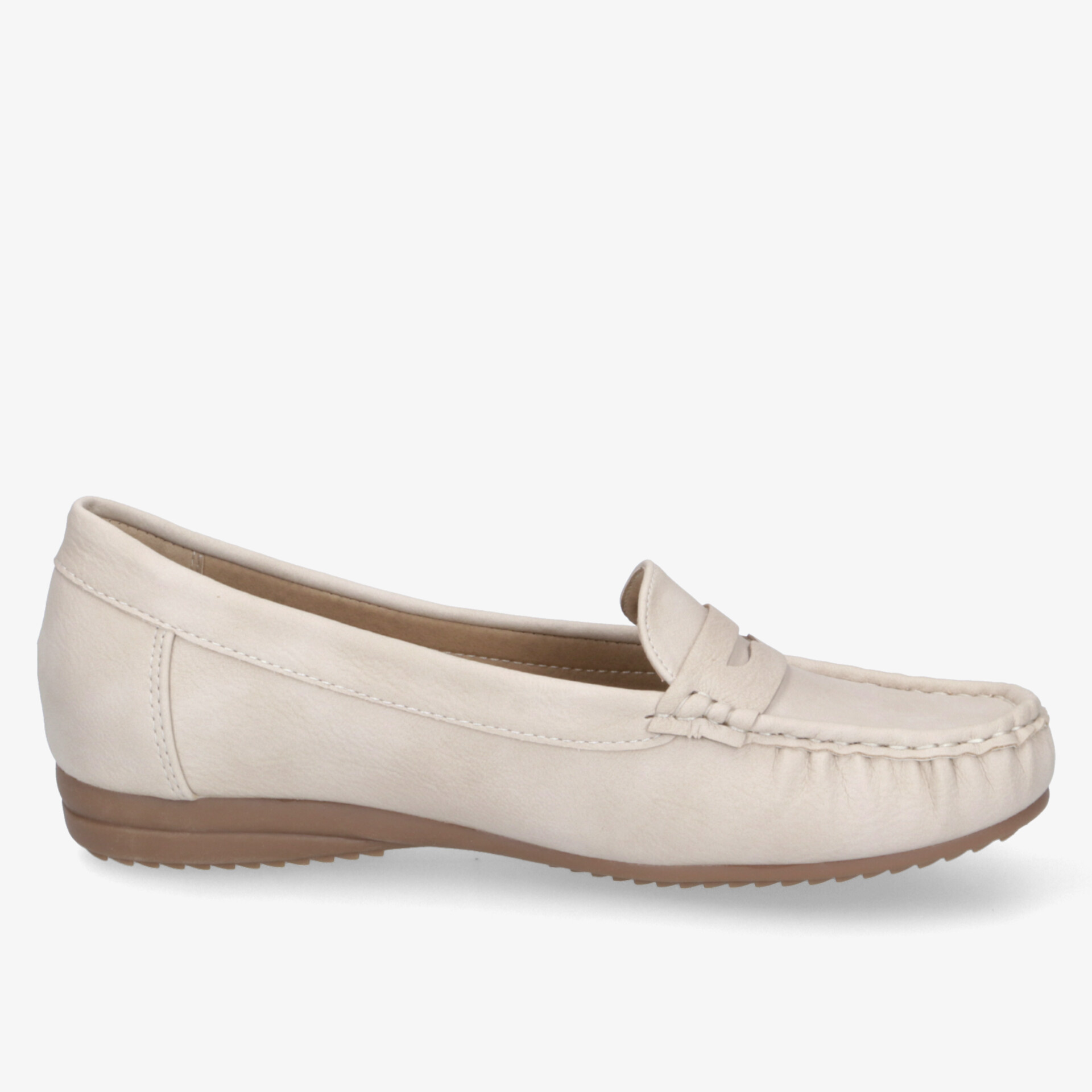 Beiger Mokassin mit weichem Material und rutschfester Sohle, flacher und eleganter Schuh, seitliche Ansicht