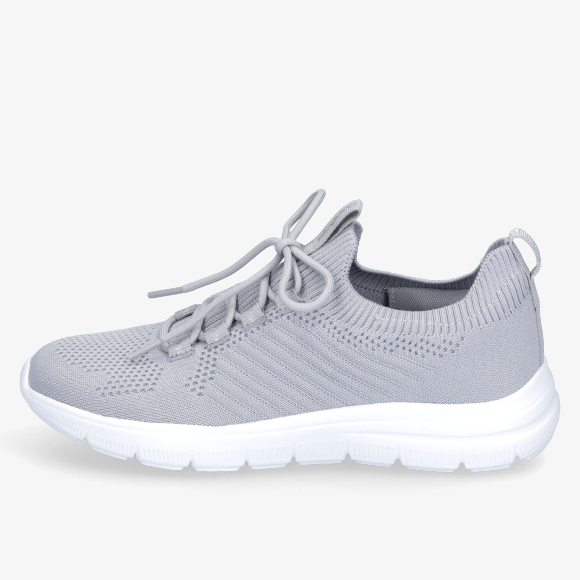 leichter grauer Sneaker mit atmungsaktivem Obermaterial, elastischer Schnürung und flexibler weißer Sohle seitlich