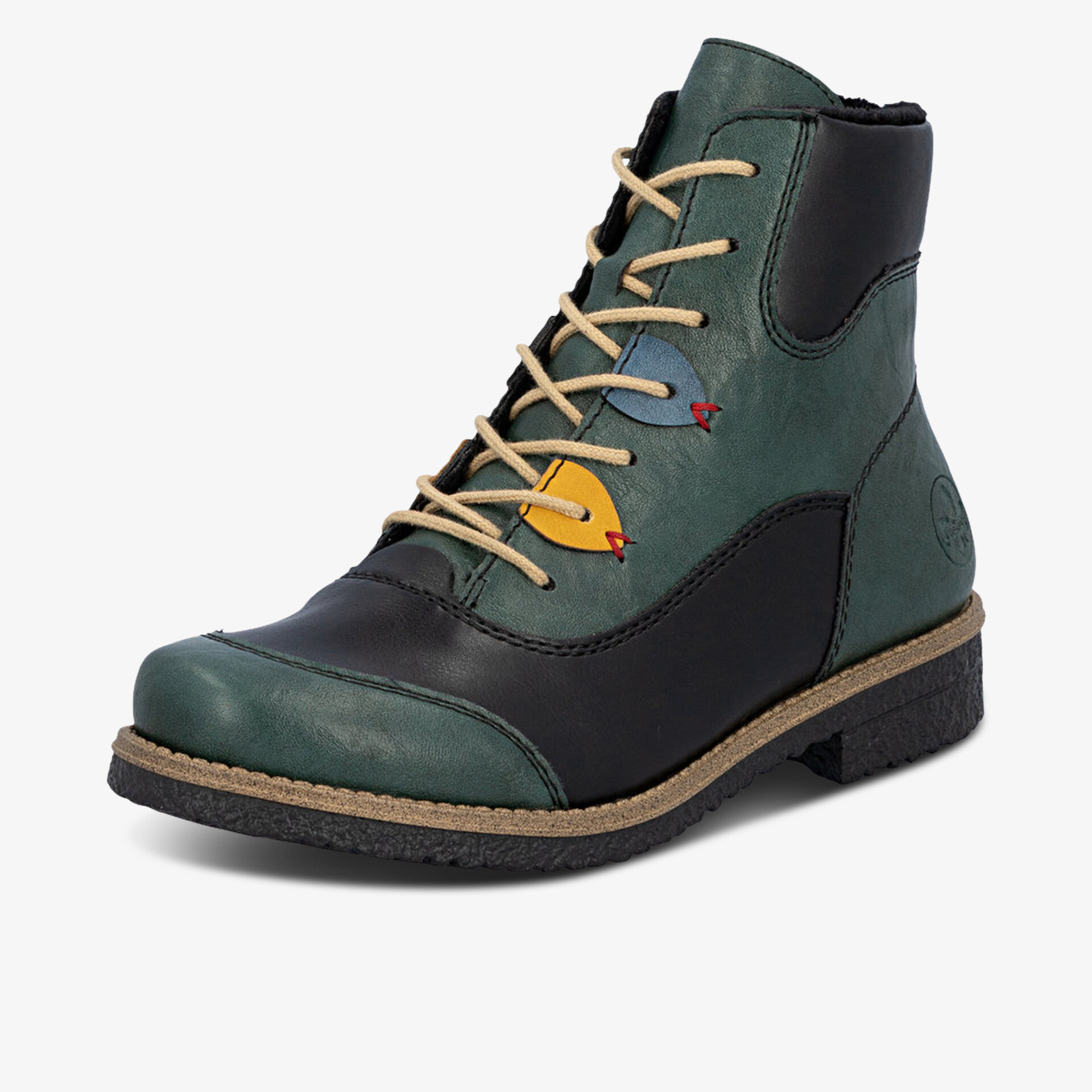 Dunkelgrüner und schwarzer Schnürstiefel aus Leder mit robustem Profil und kontrastfarbiger Schnürung