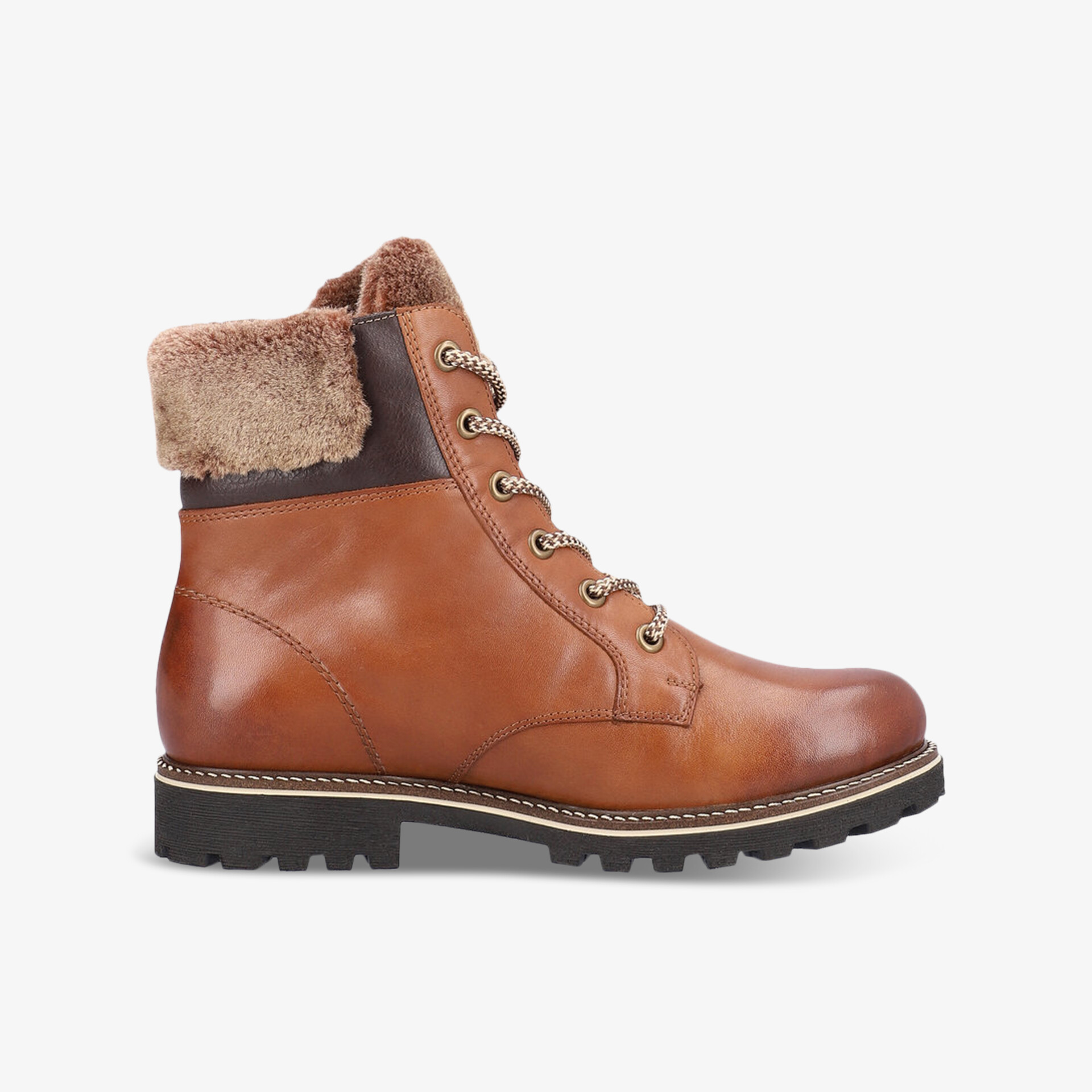 Lederstiefel mit Kunstfellkragen und robustem Profil für optimalen Halt und Komfort.