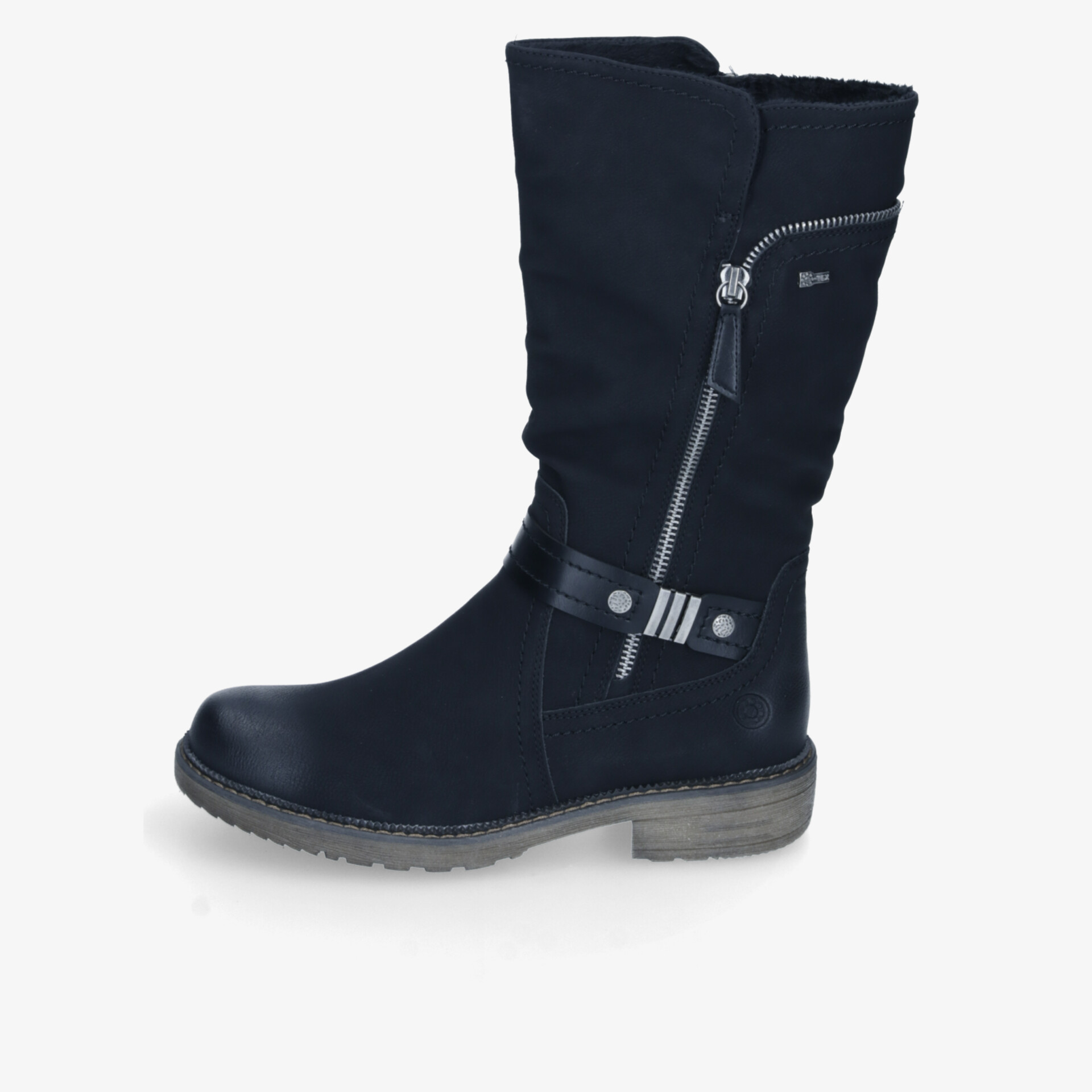 Schwarzer Stiefel seitliche Ansicht mit Reißverschlüssen und robustem Absatz für hohen Tragekomfort