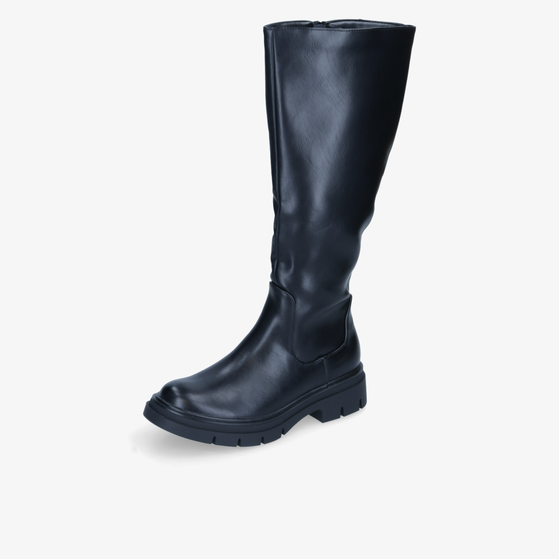 Schwarzer hoher Stiefel mit robustem Design und rutschfester Sohle, seitliche Reißverschluss, bequemer Schuh