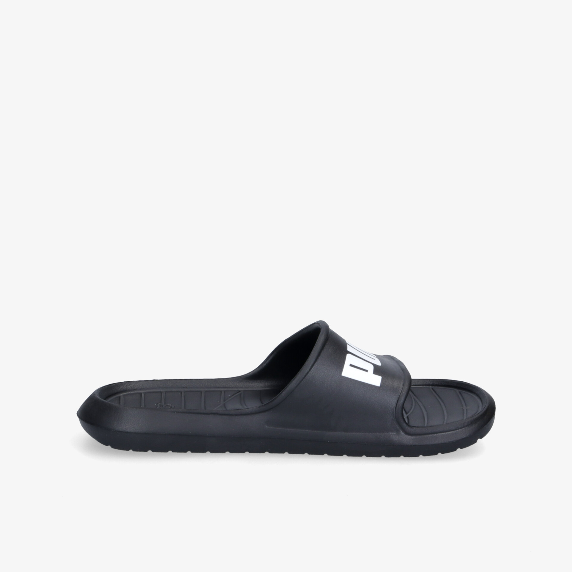 Moderne und bequeme schwarze Badeslipper mit rutschfeste Sohle für entspannten Komfort.