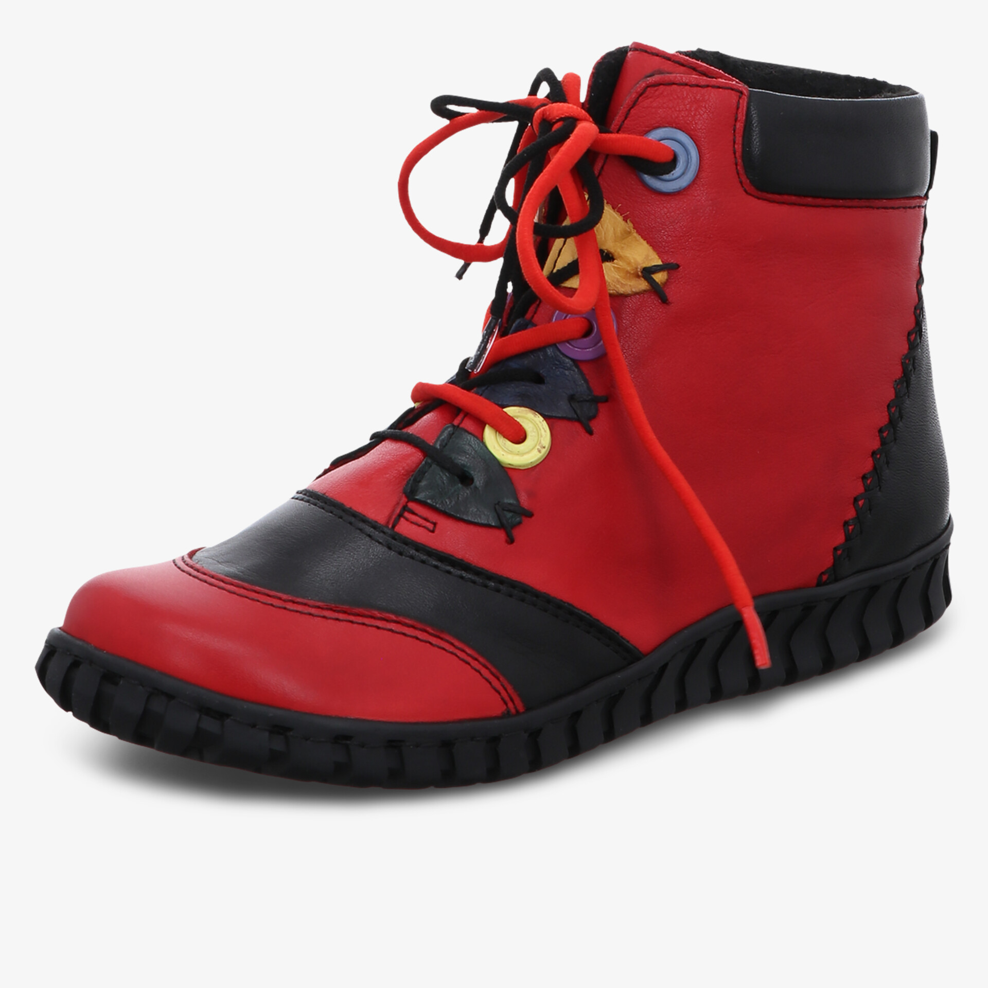 Rote Stiefelette mit schwarzem Einsatz und farbigen Schnürsenkeln, flexible Profilsohle für Komfort