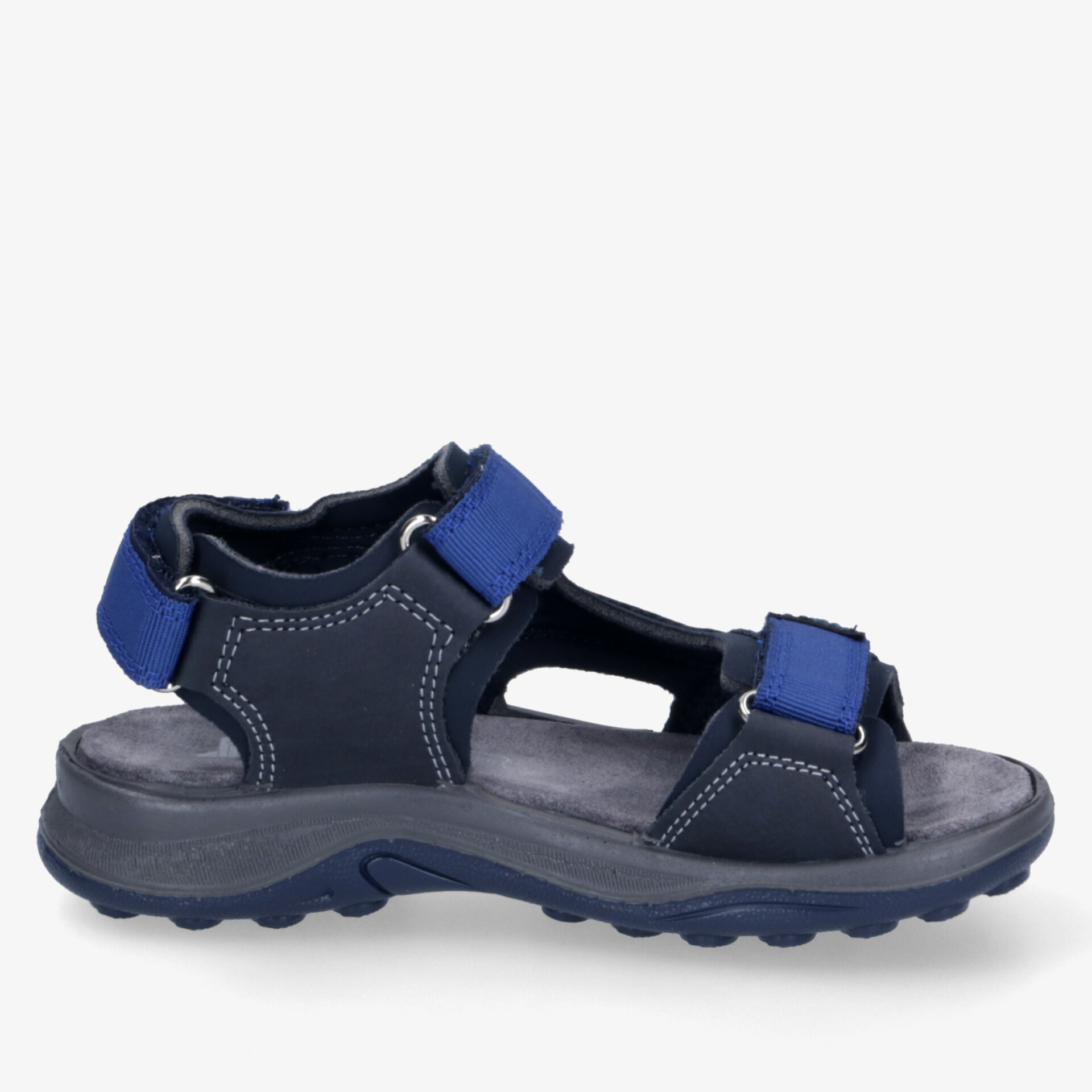 Seitenansicht einer blauen Outdoor-Sandale mit verstellbaren Riemen und rutschfester Sohle für hohen Komfort
