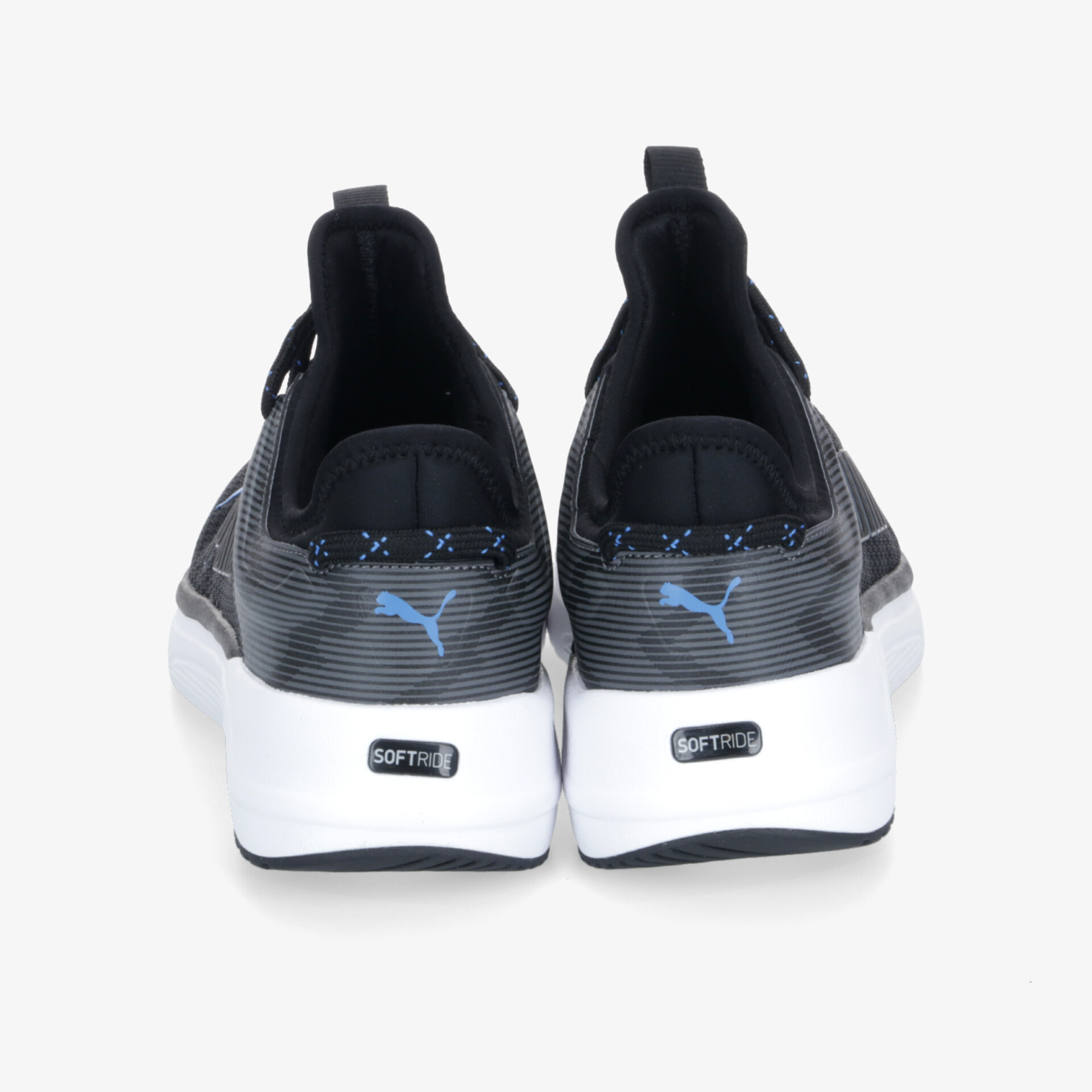 Schwarze Puma Sneaker mit weißer Sohle, Sportlich, leichter Tragekomfort und stoßdämpfende EVA-Sohle sichtbar von hinten