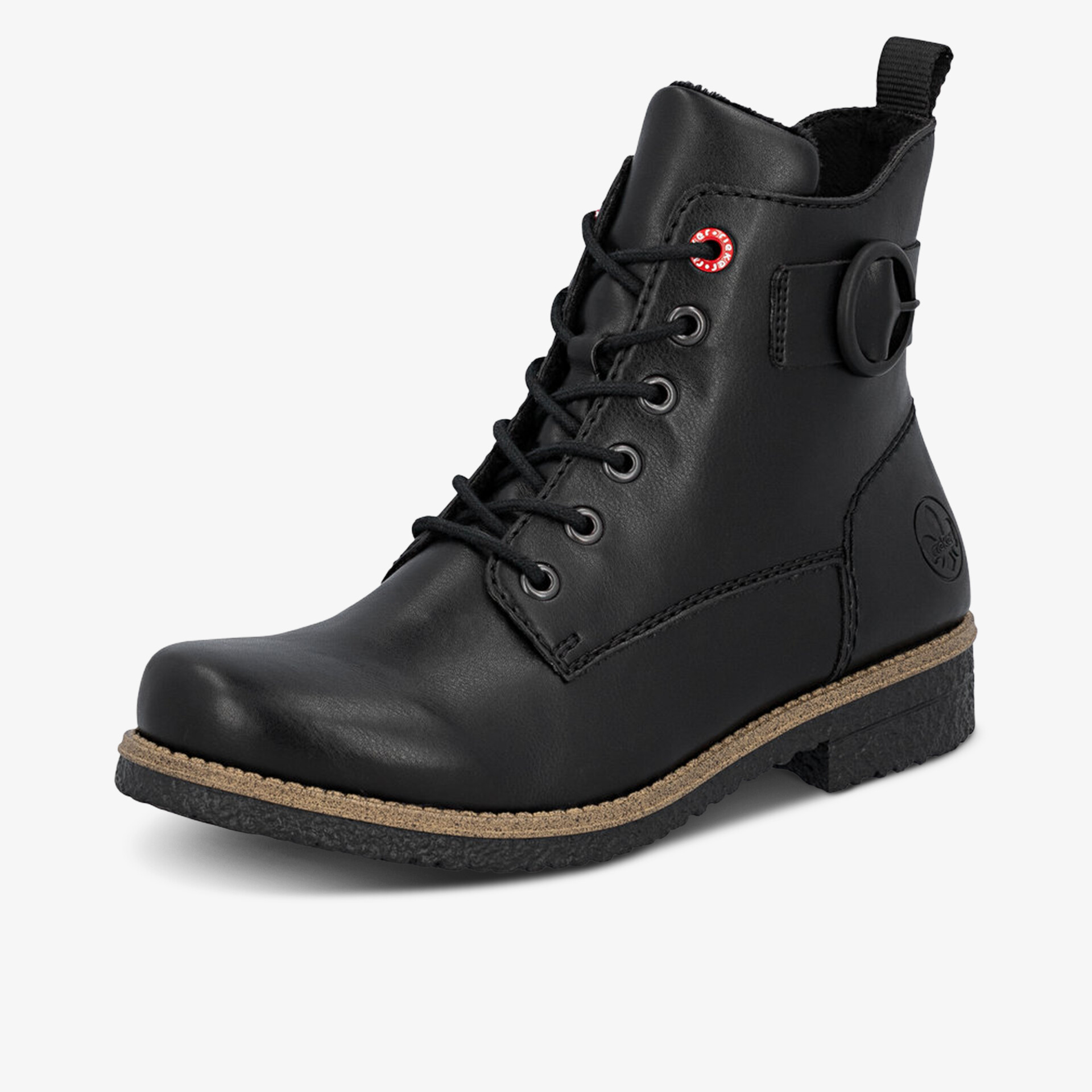 Robuster schwarzer Leder Schnürstiefel mit dekorativer Schnalle, stabiler Gummisohle und komfortablem Design