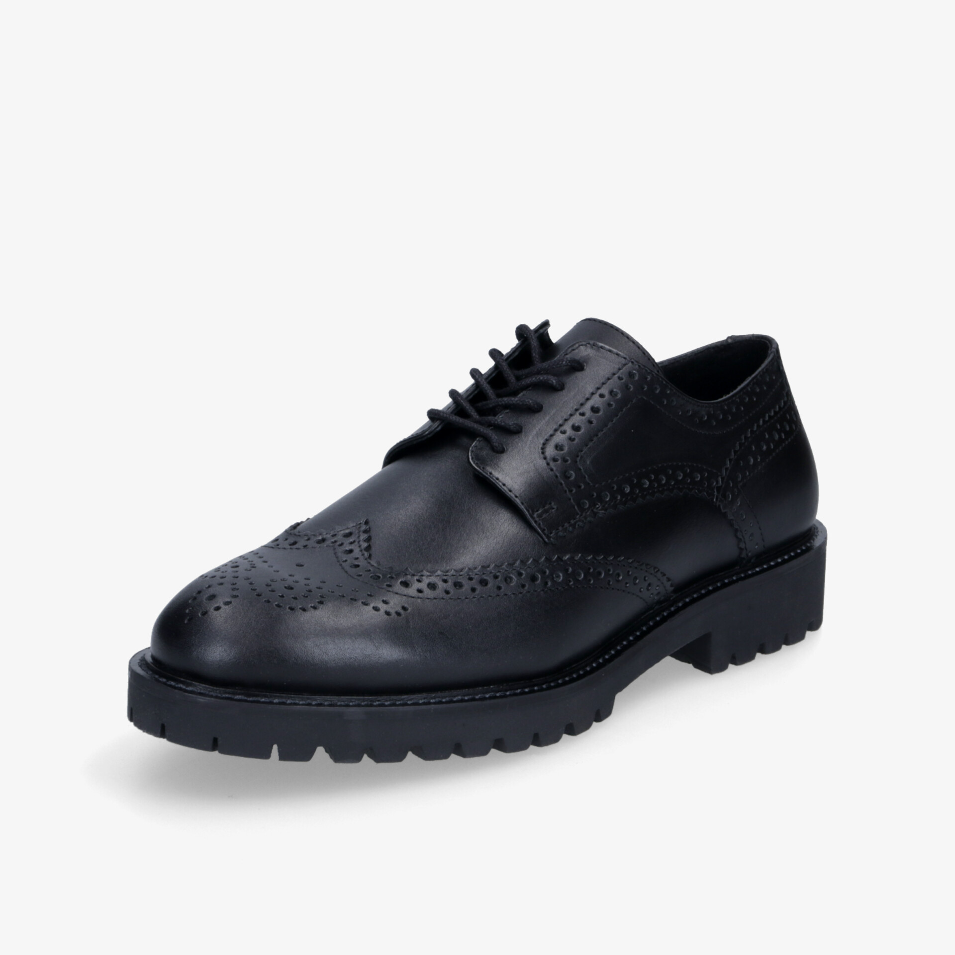 Schwarzer Brogue Schnürschuh mit markanter Profilsohle und elegantem Lochmuster, hochwertig verarbeitet.