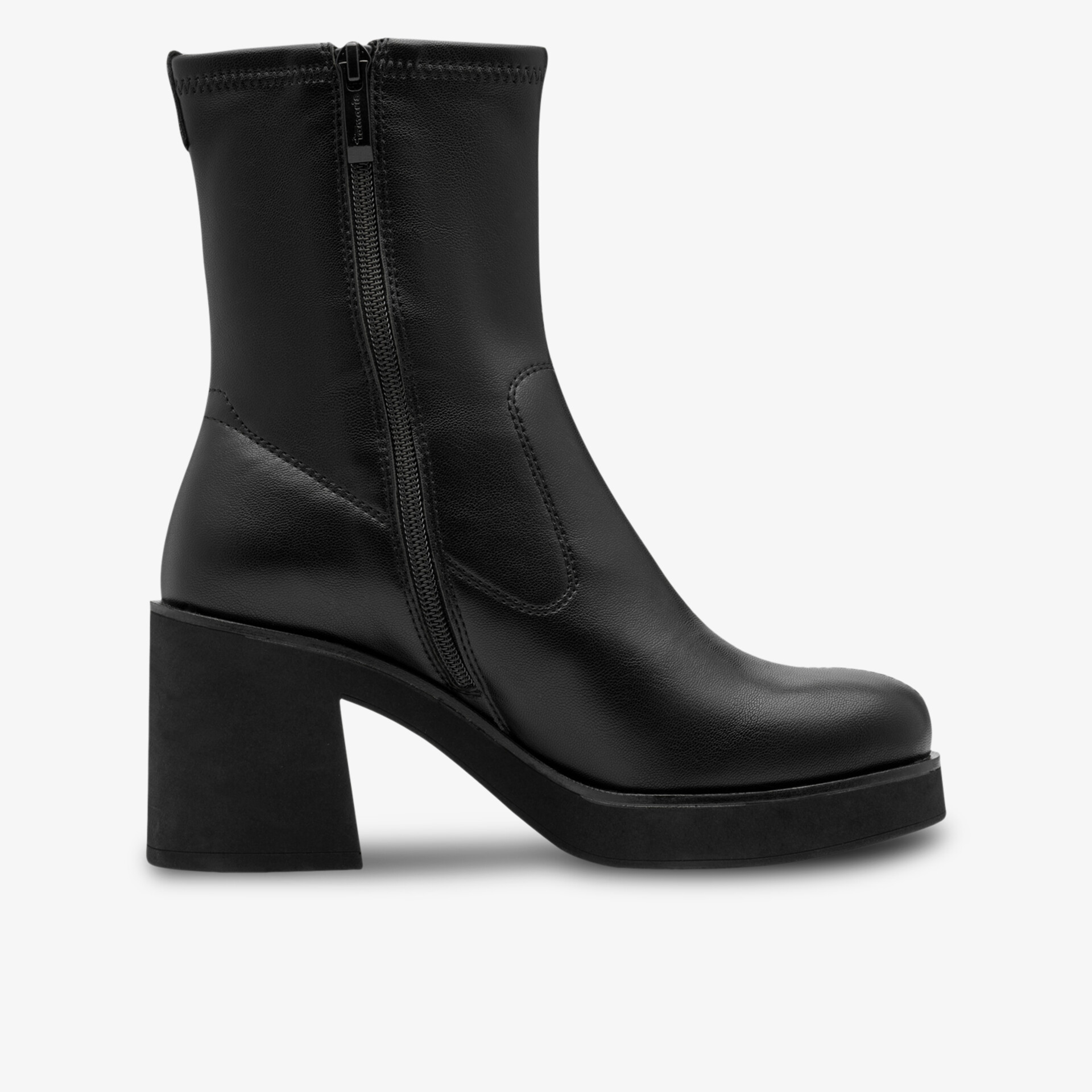 Schwarze Stiefelette mit hohem Blockabsatz und seitlichem Reißverschluss aus glattem Leder, seitliche Ansicht