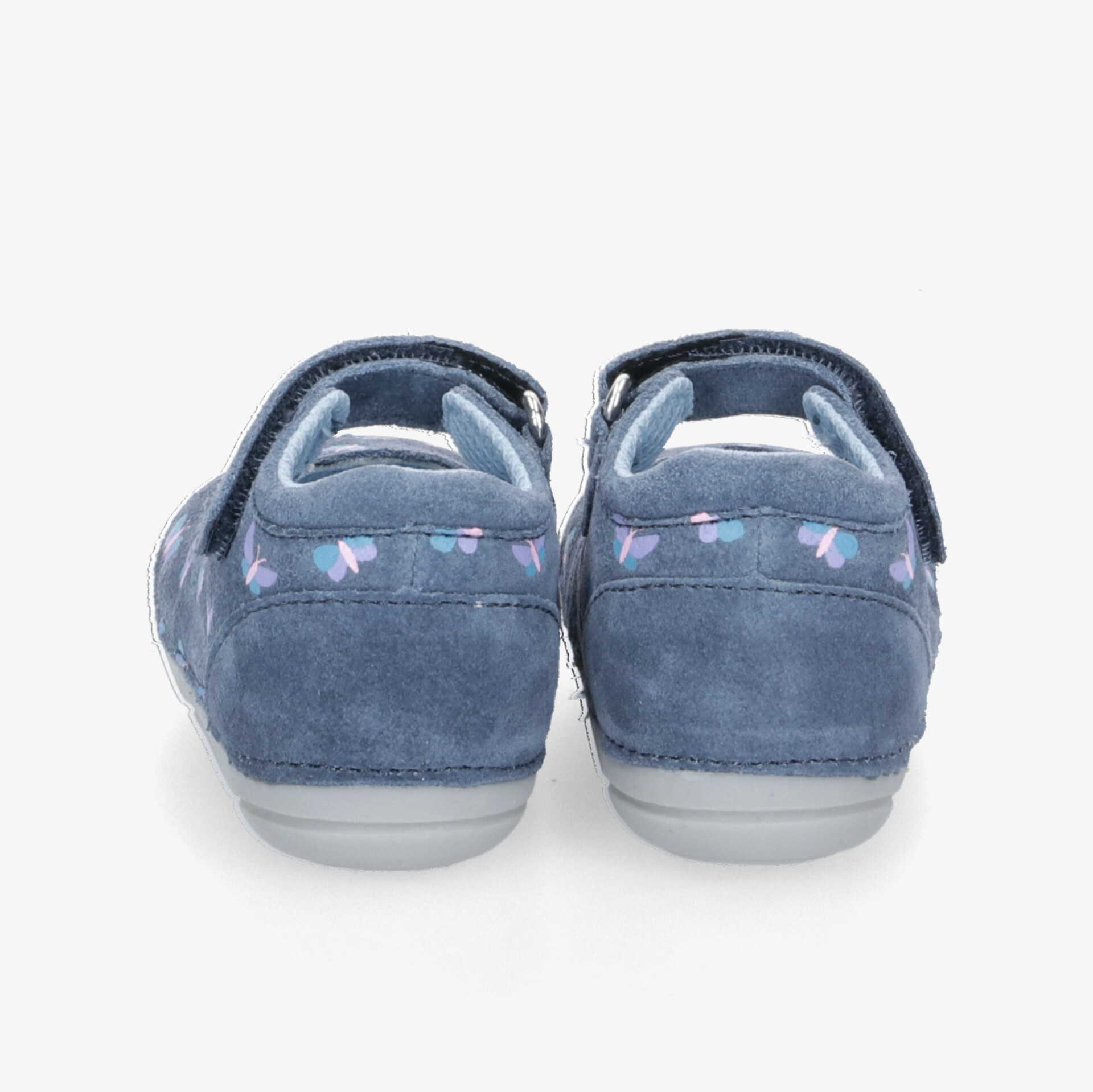 Blaue Velourslederschuhe mit Klettverschluss und dekorativen Details, Rückansicht.