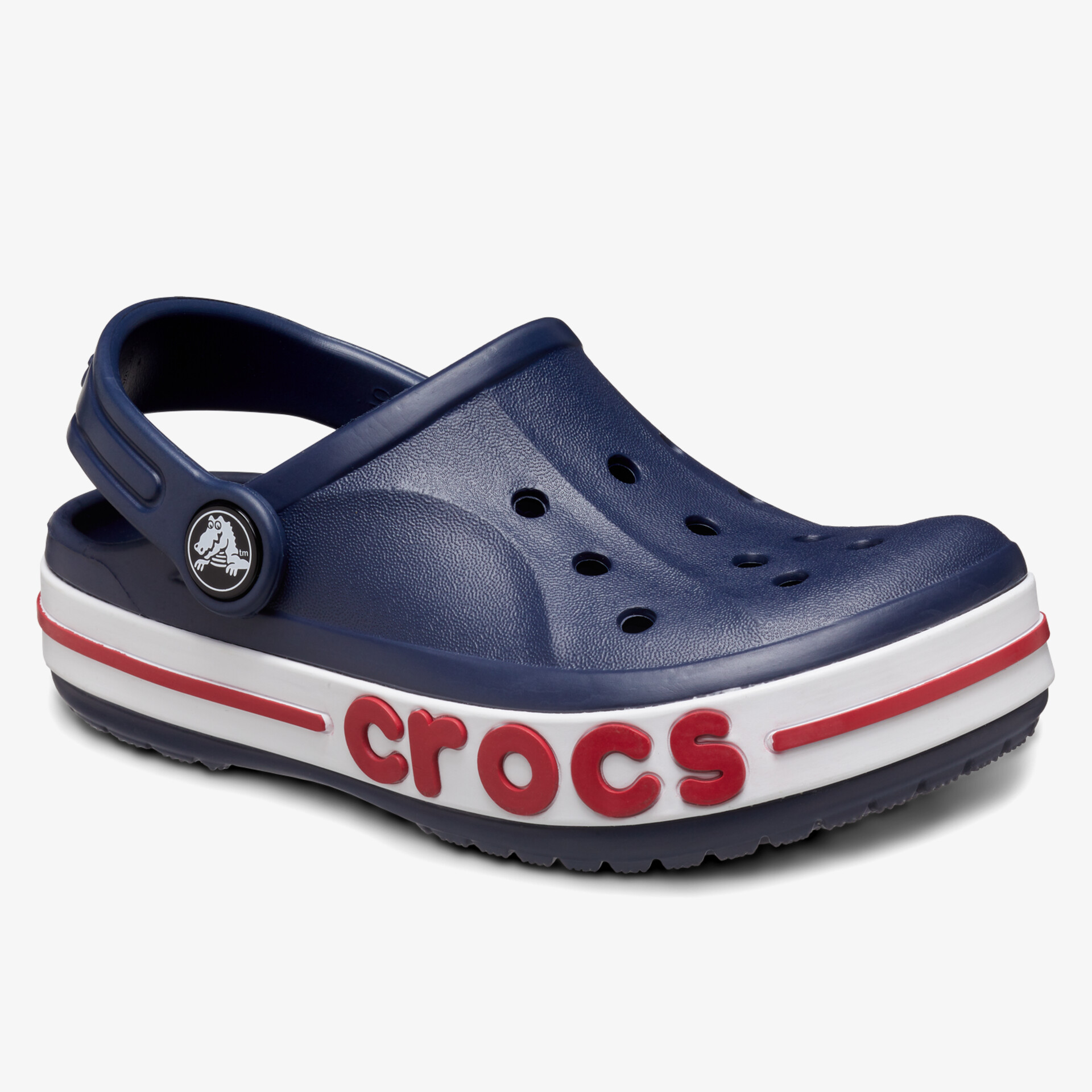 Bequemer Alltagsclog mit atmungsaktiven Löchern und rutschfester Sohle in navy Blau mit rot-weißem Streifen