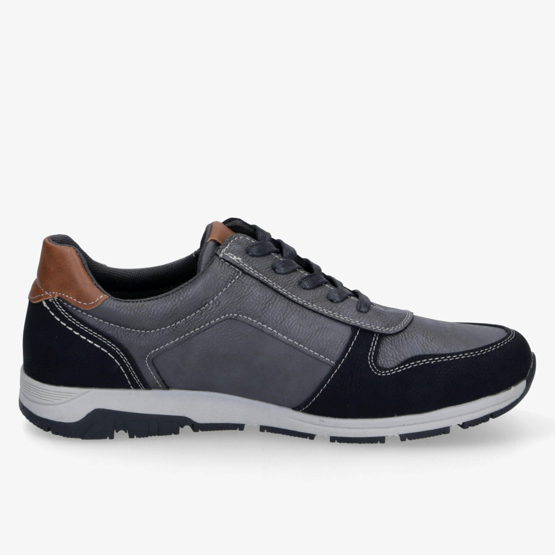 Sportlicher grauer Freizeitschuh mit bequemer Passform, flexibler Sohle und modernem, eleganten Design seitlich