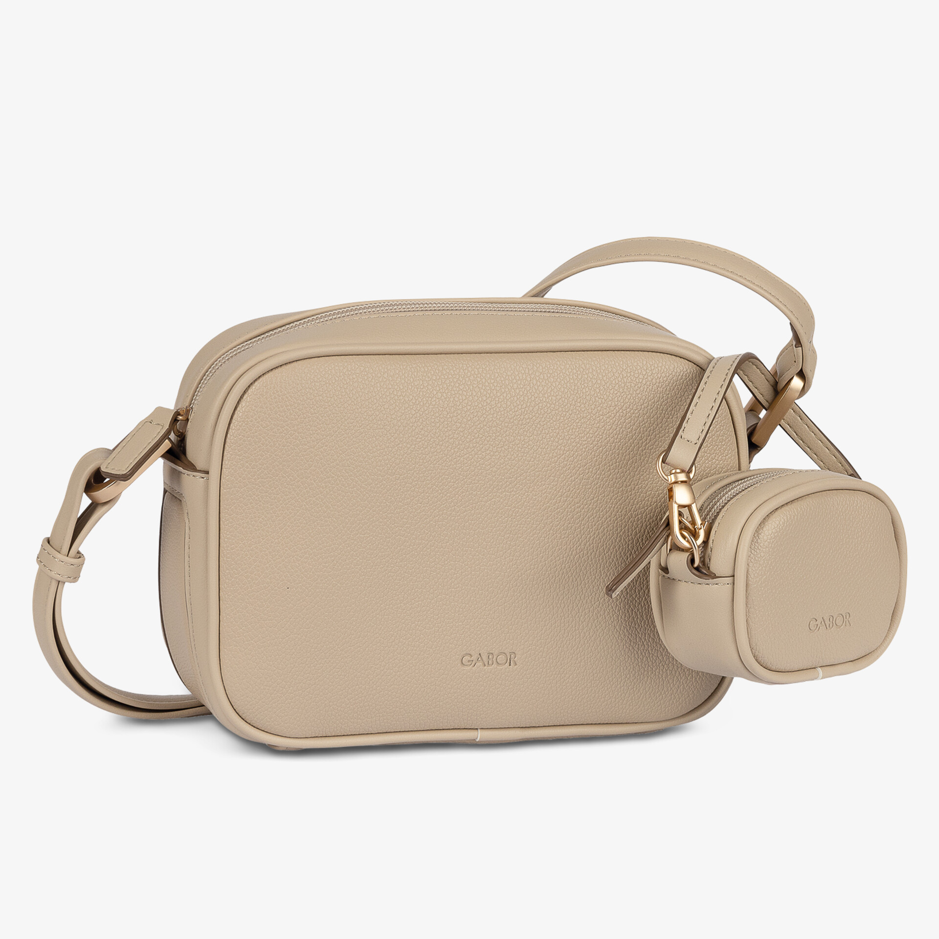 Elegante beigefarbene Schultertasche mit praktischem Zusatzfach.