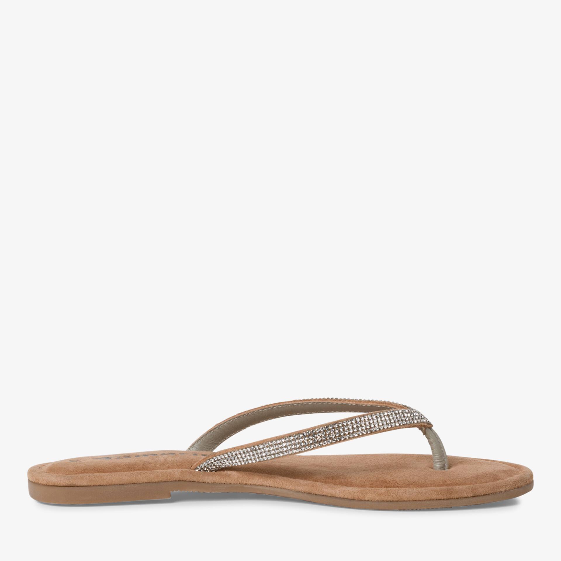 Flache Sandale mit elegantem, schmalem Riemen und Schmucksteinen, bequem und leicht im seitlichen Profil