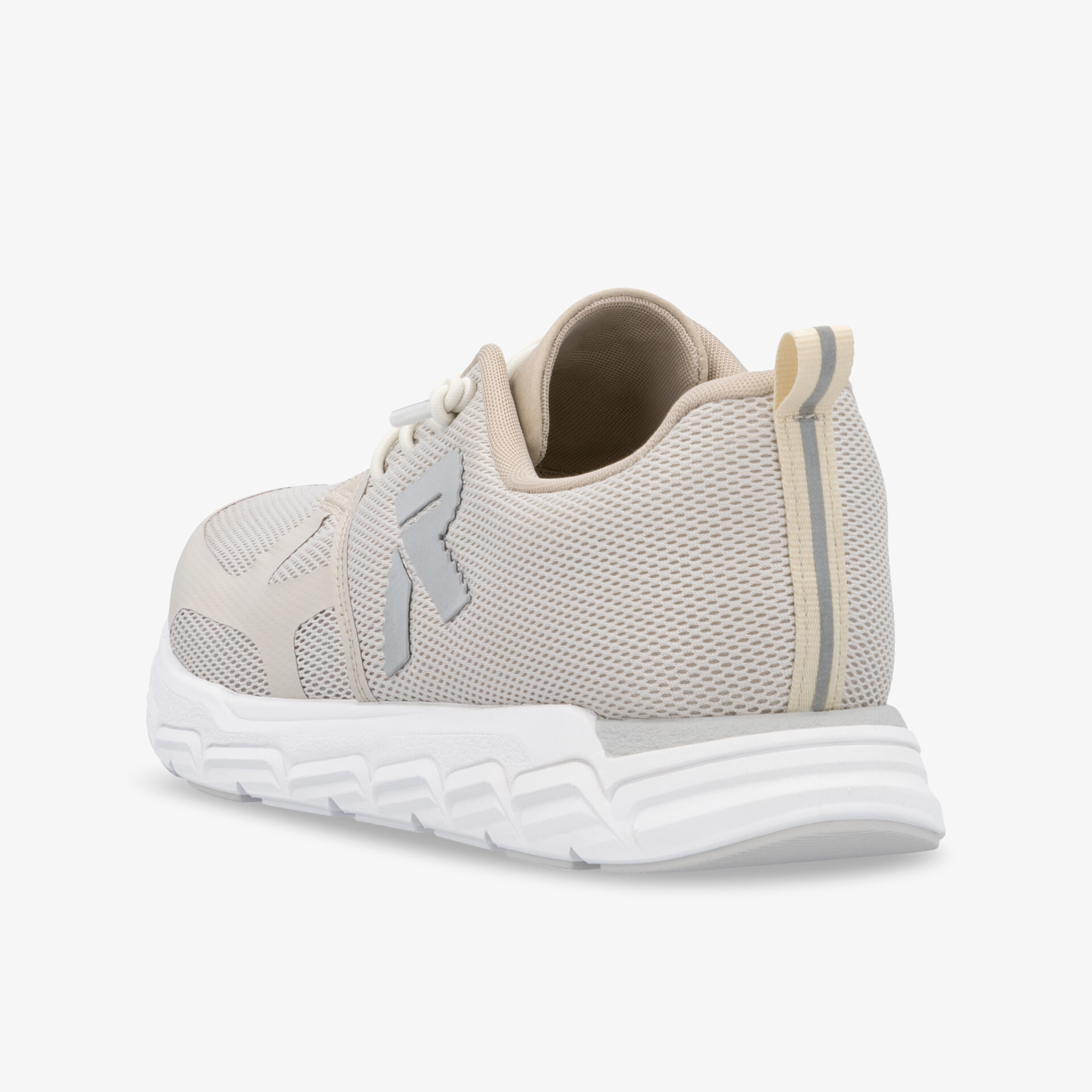 Leichter bequemer Sportschuh in Beige mit atmungsaktivem Material und gedämpfter weißer Sohle, seitliche Ansicht