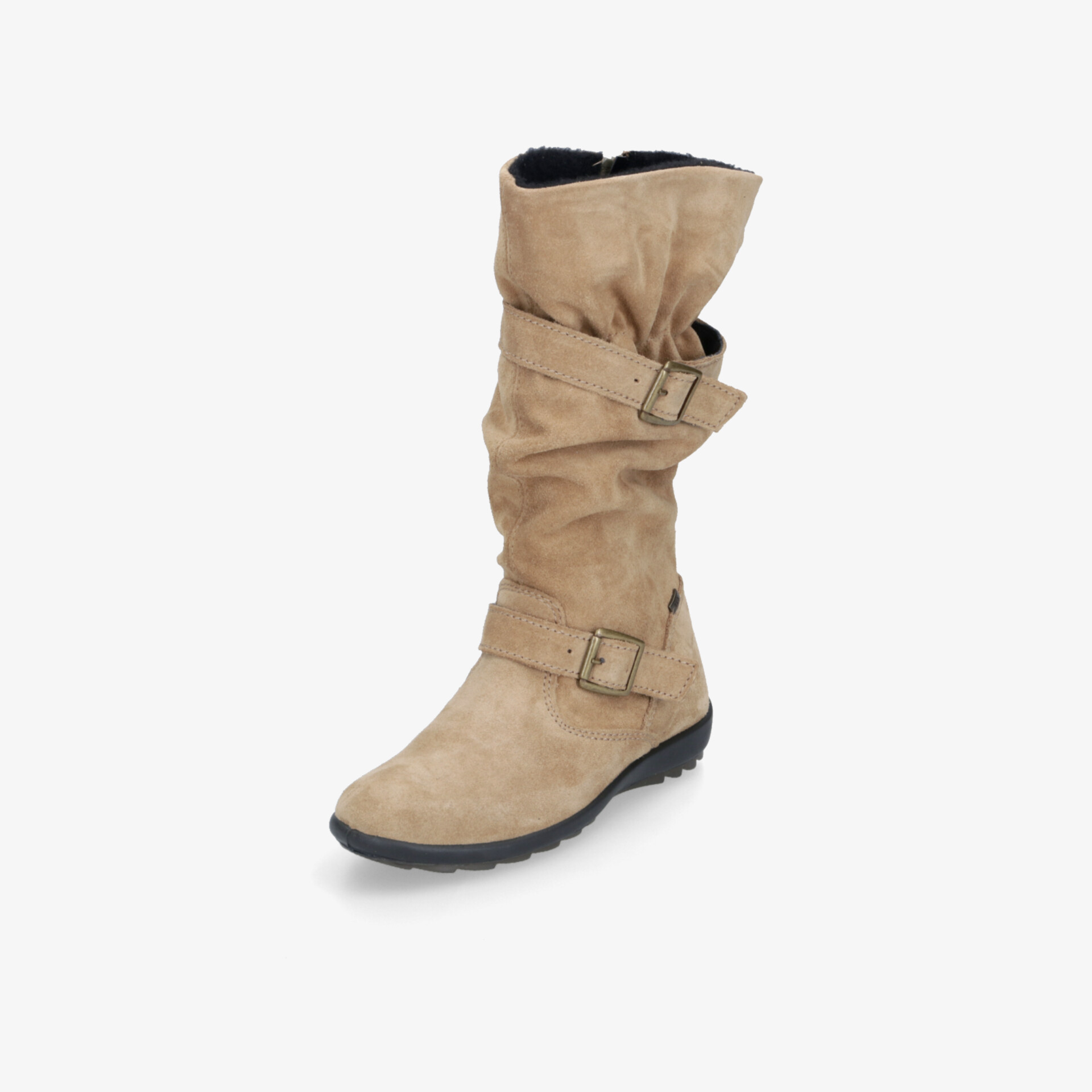 Beiger mittelhoher Stiefel mit modischen Falten und zwei verstellbaren Schnallen, rutschfeste Sohle, bequem und stylish