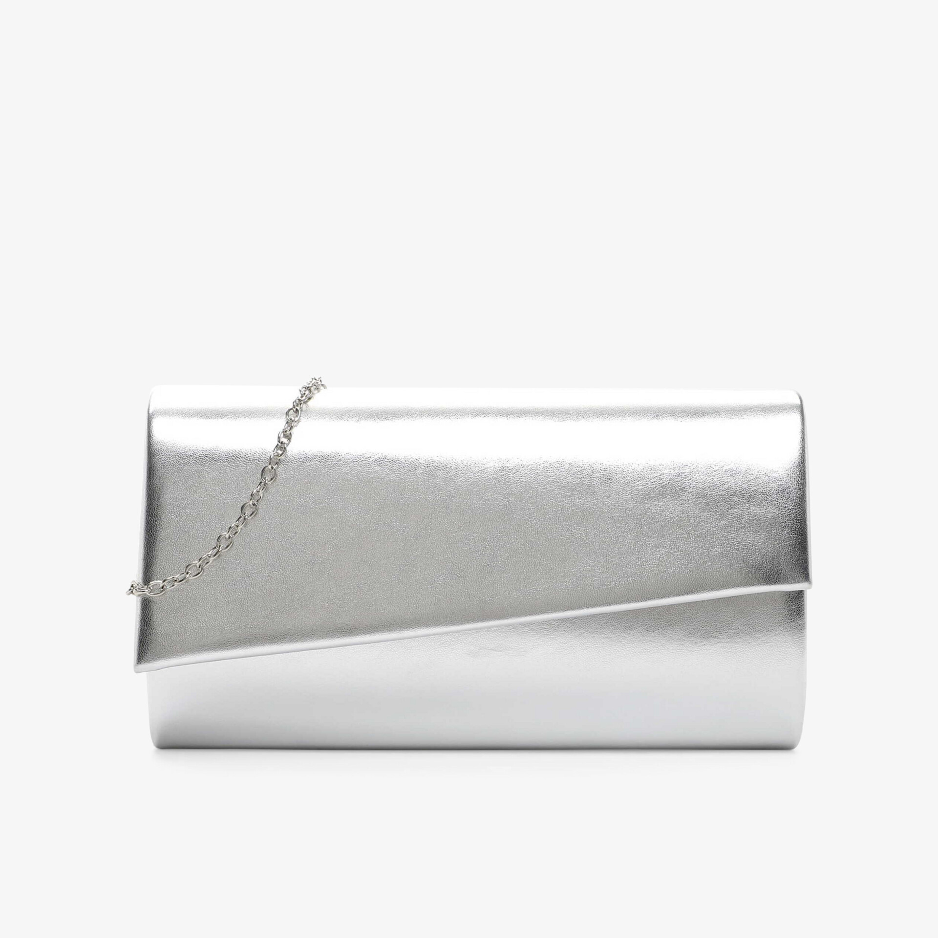 Silberne elegante Clutch mit glänzendem Metallic-Finish und modernem asymmetrischem Design für stilvolle Anlässe