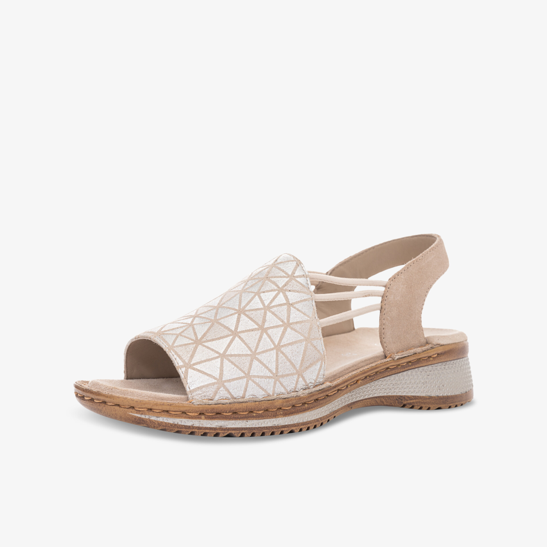 Beige Sandale mit geometrischem Muster, offenem Zehenbereich und elastischen Riemen für hohen Tragekomfort