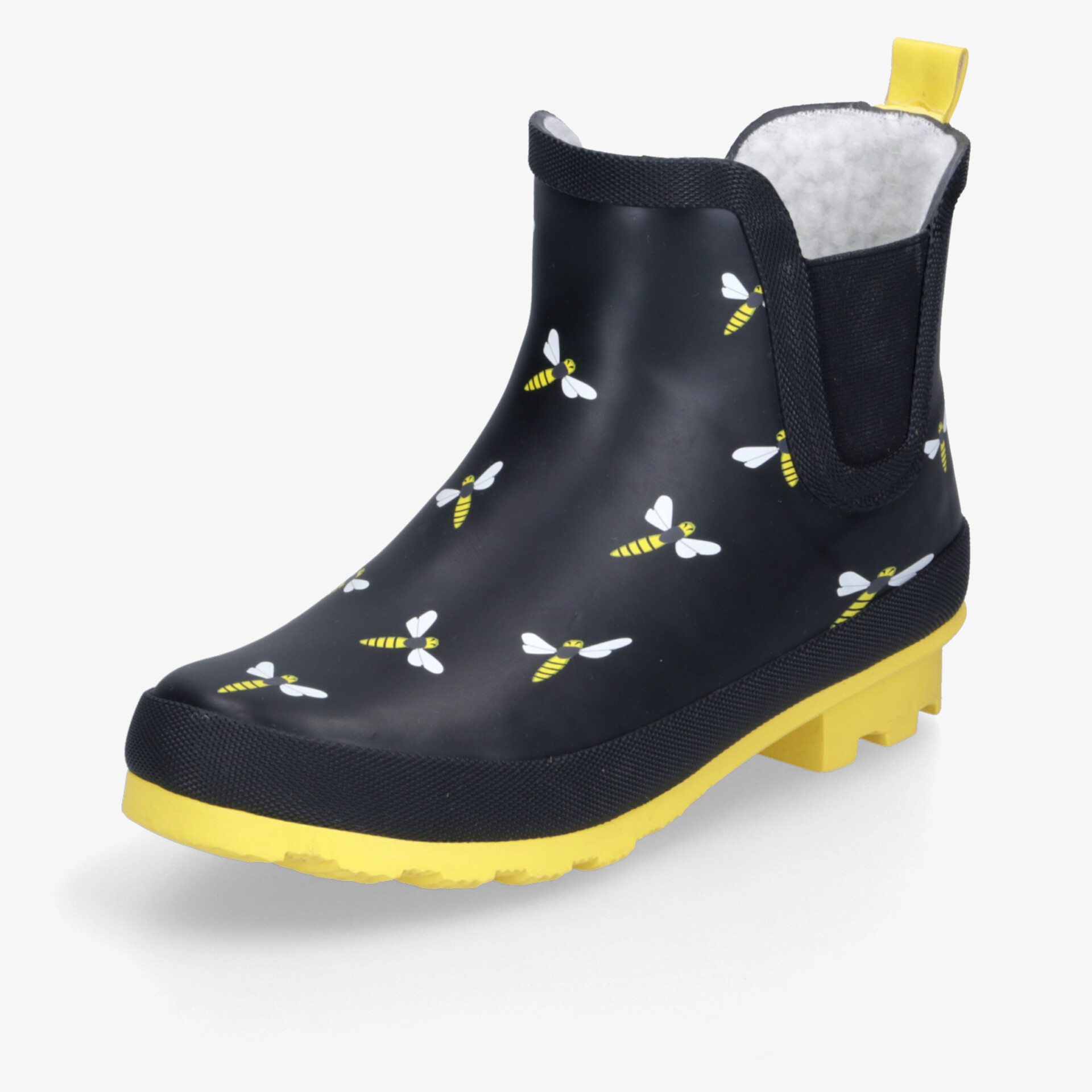 Moderner Gummistiefel mit Bienenmuster und gelber Sohle, bietet Komfort und Rutschfestigkeit.
