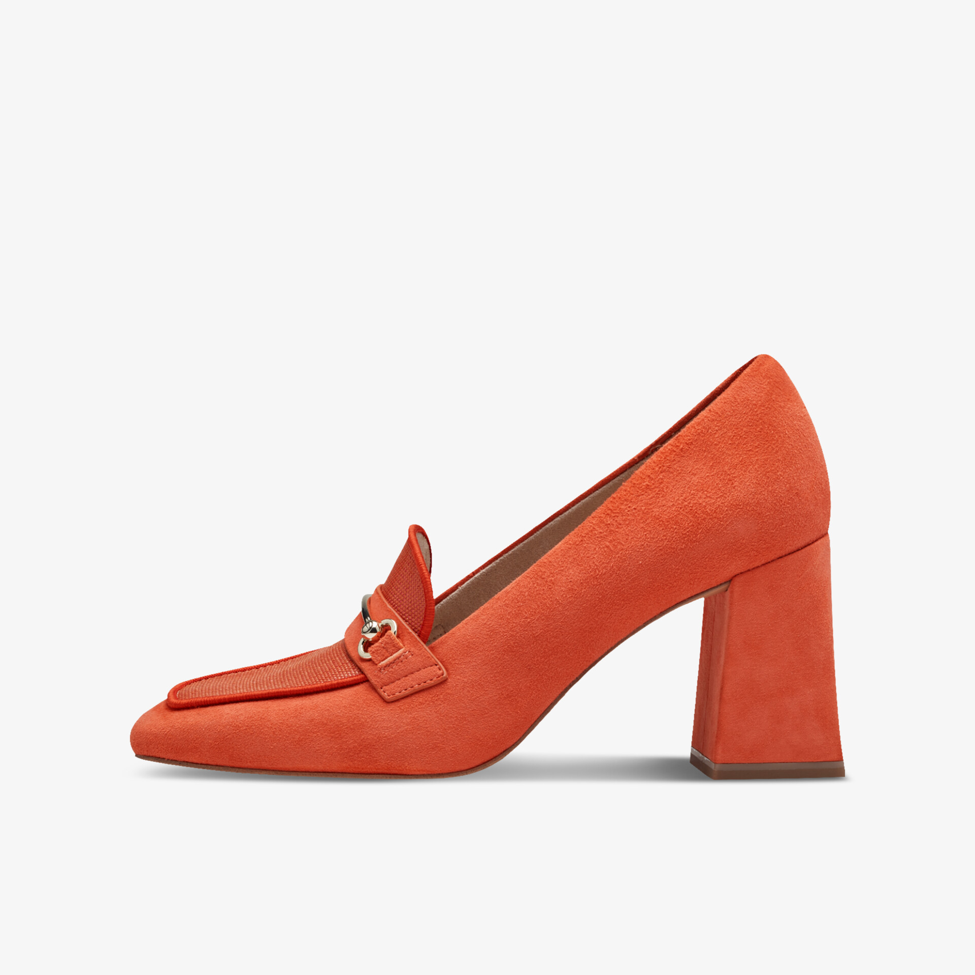 Eleganter Schuh aus orangefarbenem Wildleder mit bequemen Blockabsatz und stylischem Schnallenriemen