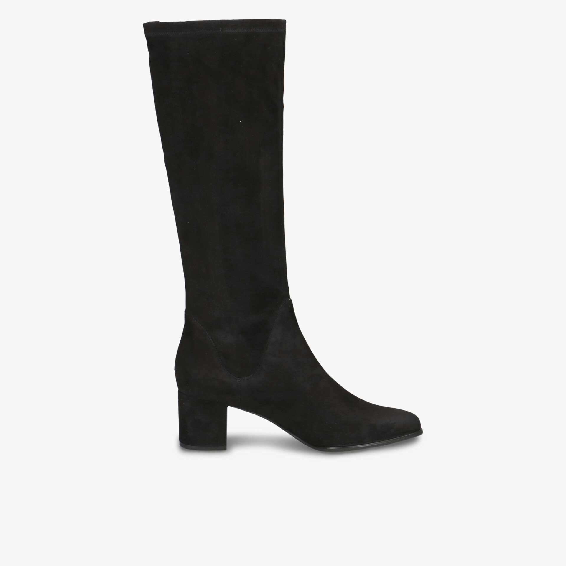 Schwarzer knielanger Stiefel aus Wildleder mit stabilem Blockabsatz und bequemem Schnitt für eleganten Look