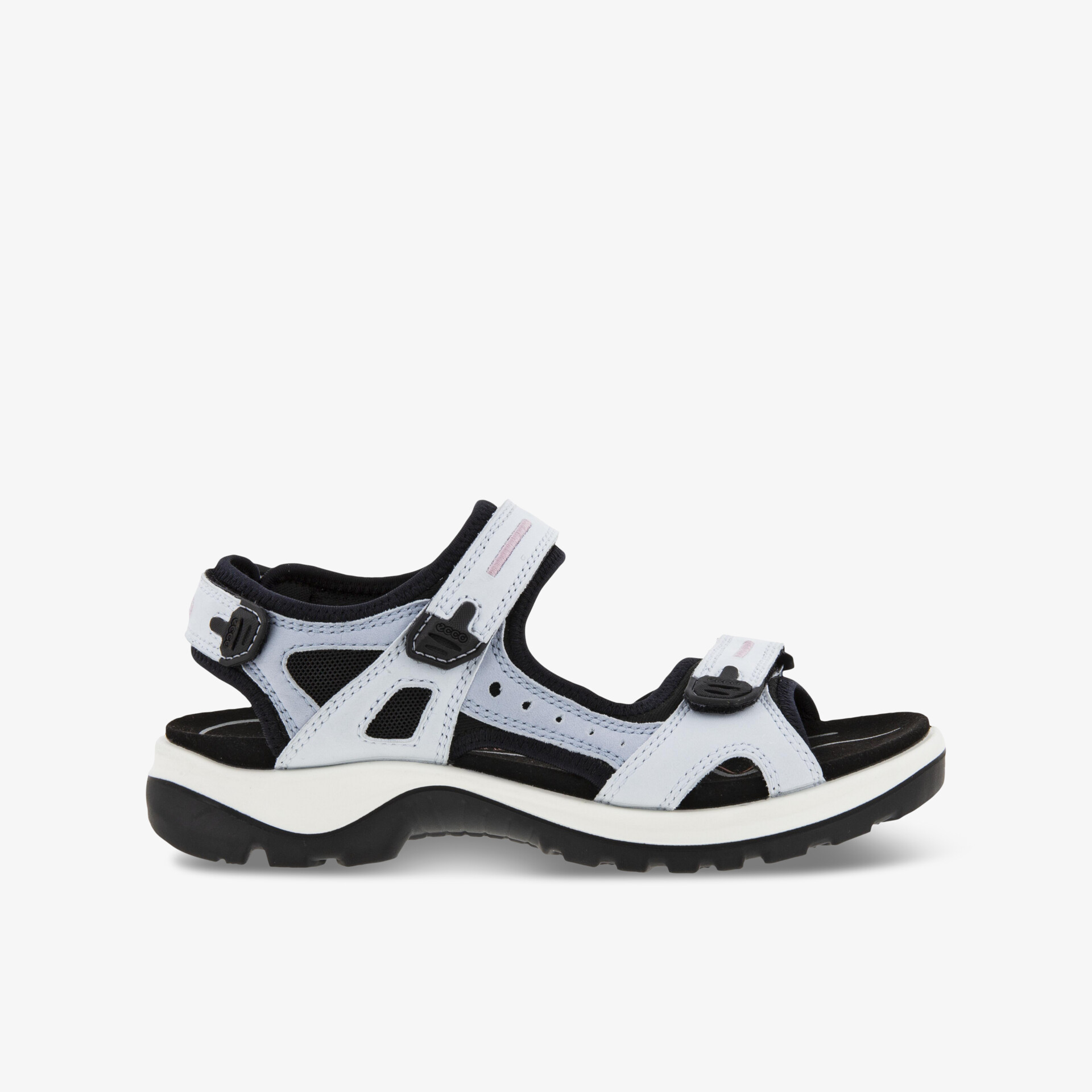 Sportliche weiße Sandale mit schwarzer robuster Sohle und verstellbaren Riemen für optimalen Halt und Komfort