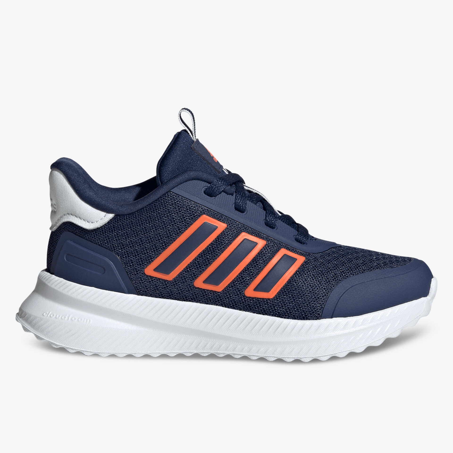 Dunkelblauer Sneaker mit orangen Details seitliche Ansicht, leichte und flexible Sohle für hohen Tragekomfort