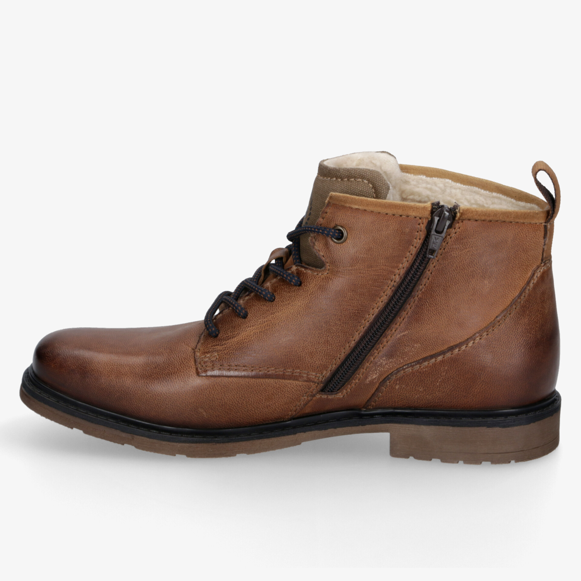 Brauner Lederboot mit Reißverschluss und Schnürung, robuster und bequemer Schuh modernem Design in Seitenansicht