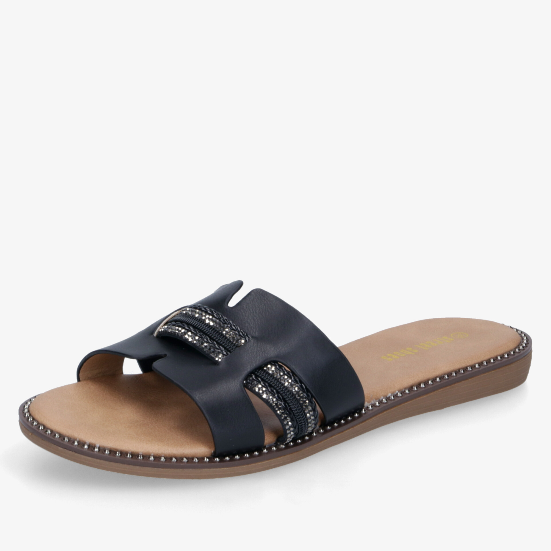 Moderne schwarze Sandale mit bequemen flachen Fußbett und eleganten Verzierungen für sommerlichen Komfort