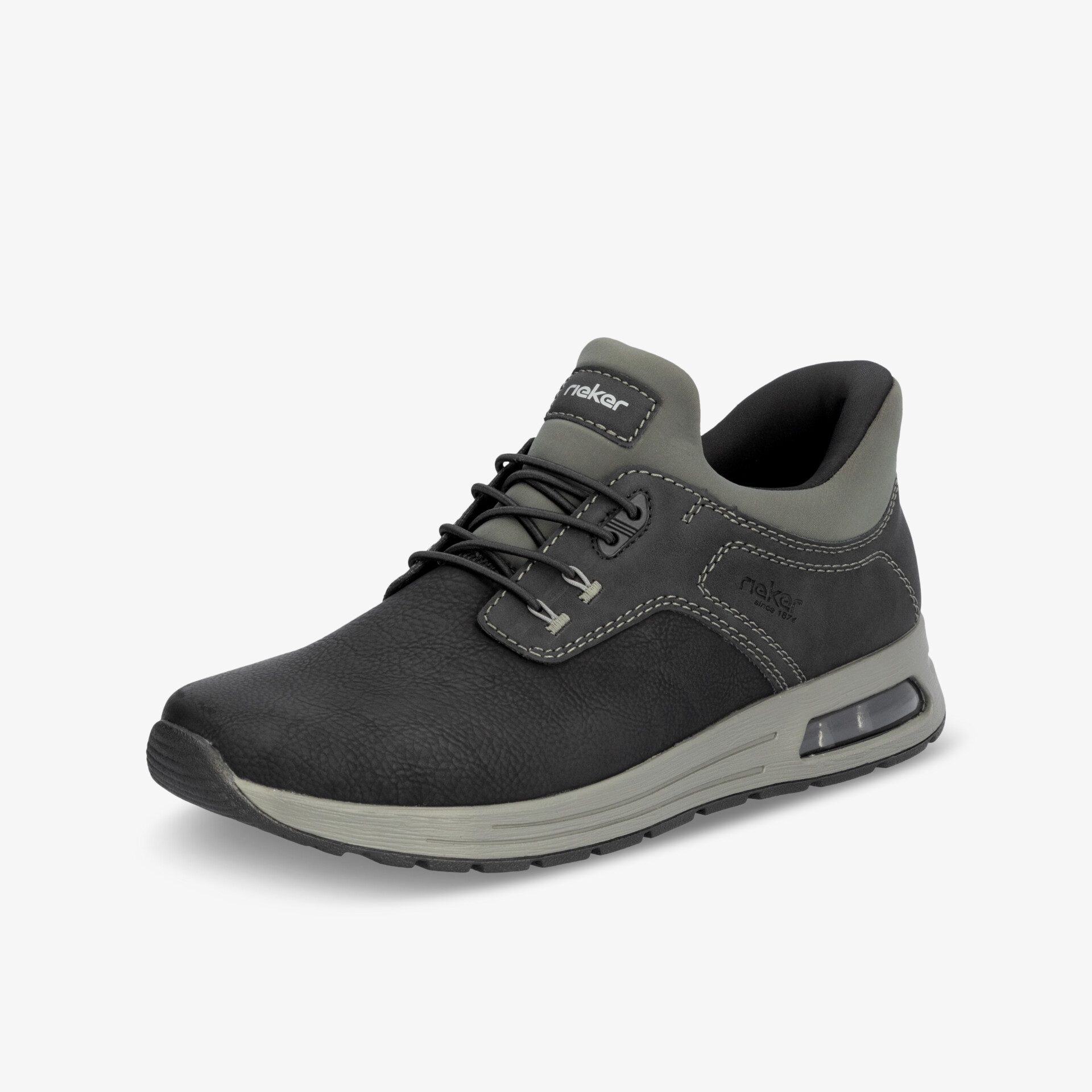 Schwarzer sportlicher Schuh mit grauer Sohle, bequem und leicht für vielseitigen Einsatz geeignet