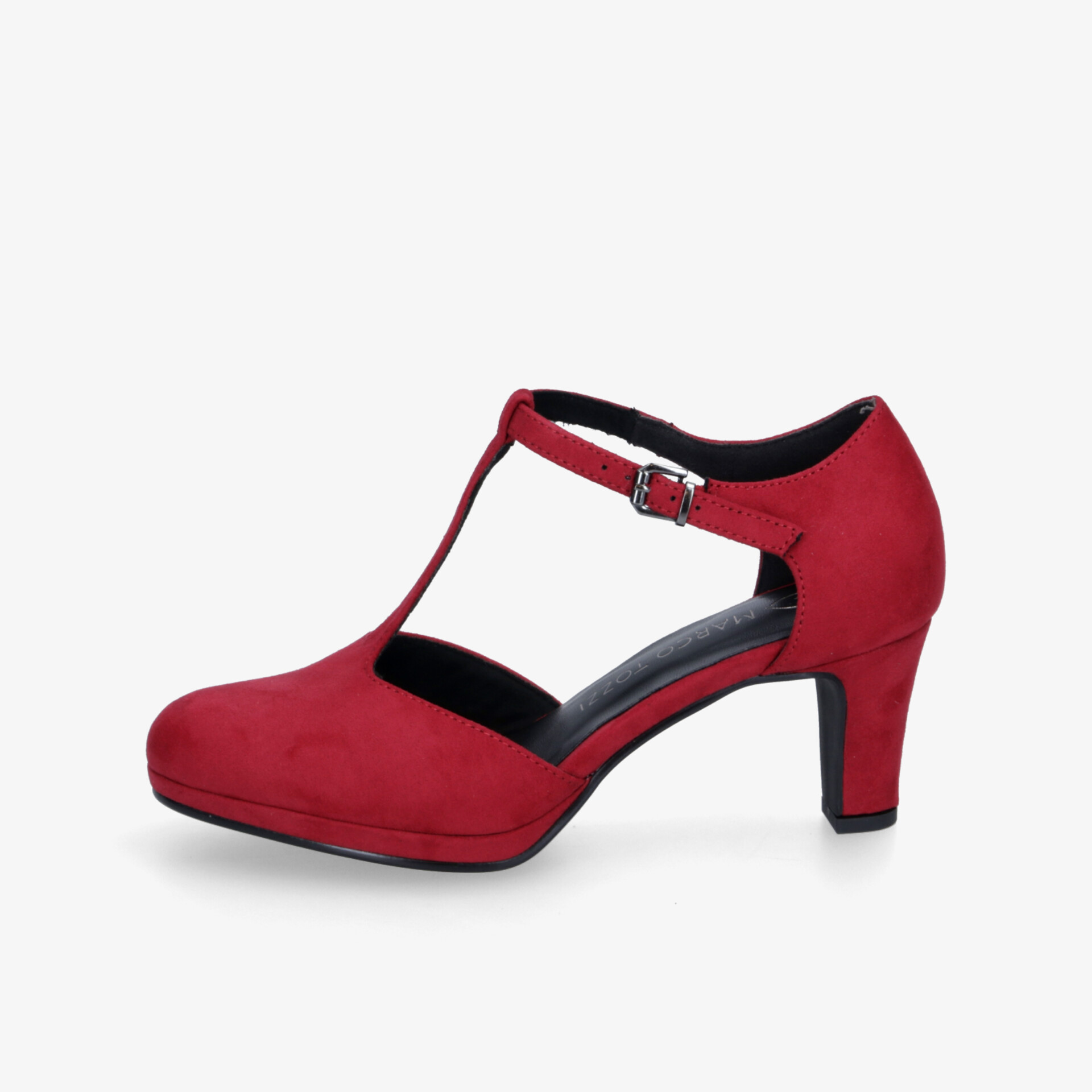 Roter eleganter Schuh mit mittelhohem Absatz, T-Steg Riemen und verstellbarer Schnalle für sicheren Halt